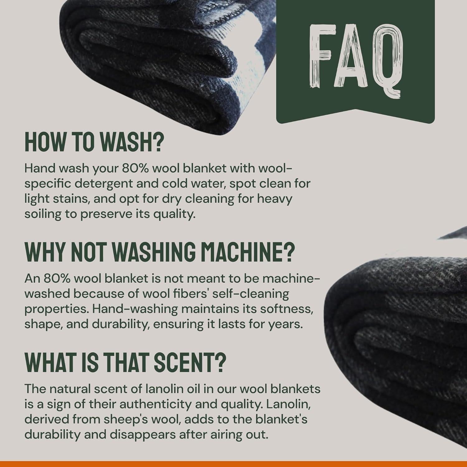 Woolly Mammoth Merino Wool Blanket- 66" x 90" 4 lbs Thick, Outdoor/Indoor Throw for Campfire, Picnic, Beach, Van Life, Home, Heavy Duty Insulating Sleep Plaid, Twin Size Bed, Black/Cream Design