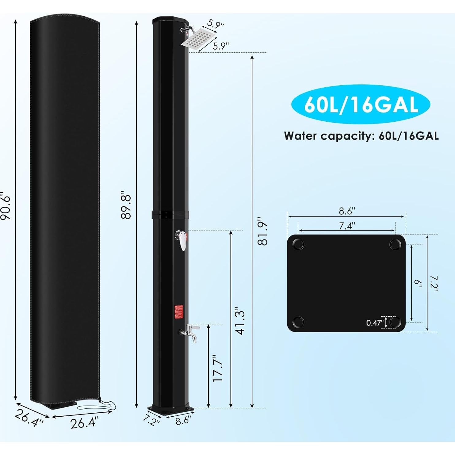 MAMIZO Outdoor Solar Shower, 10.6 Gallon/16 Gallon Solar Heated Shower with Shower Head and Foot Shower Tap, 2-Section Pool Shower with Protective Cover for Backyard, Garden, Beach Spa (16 GAL)