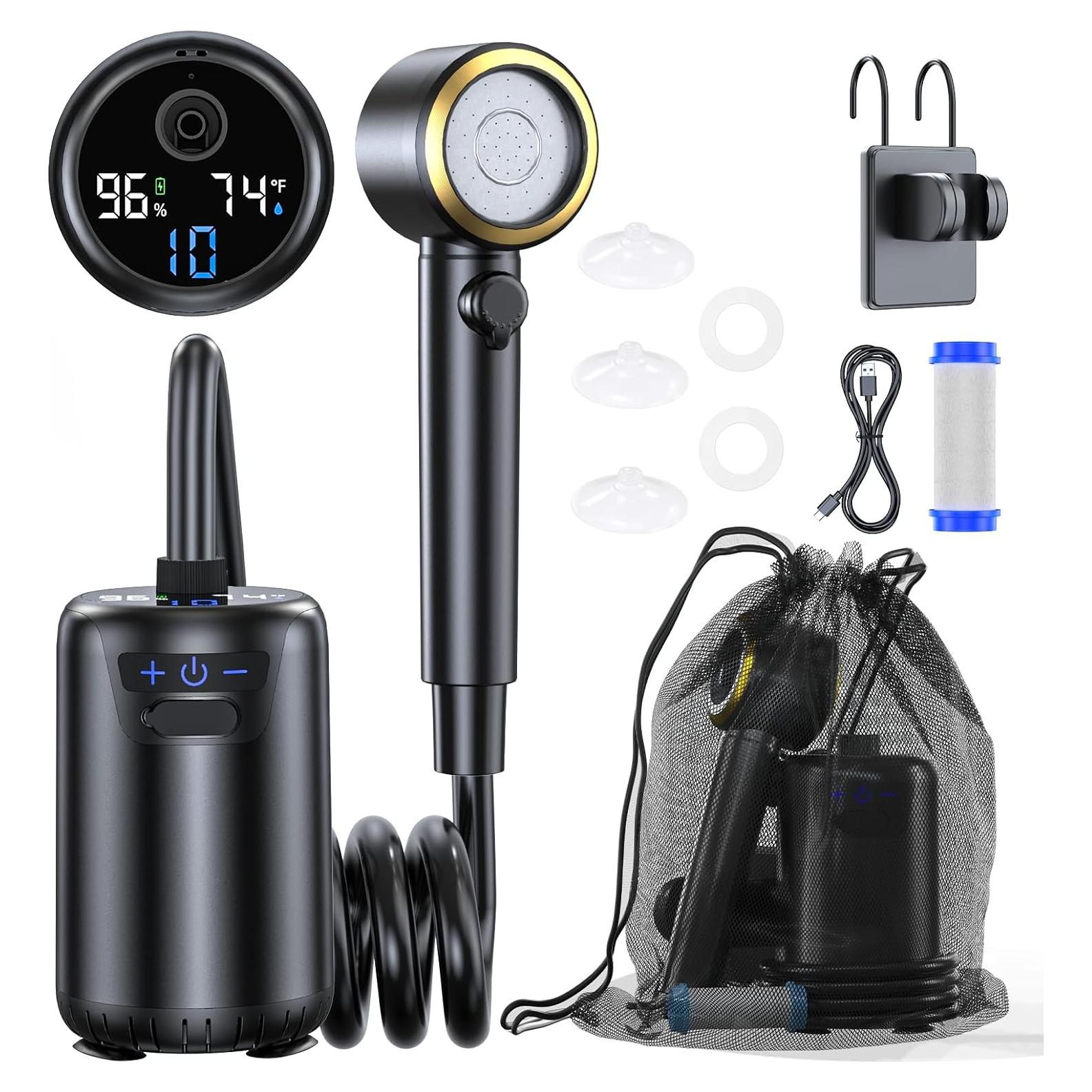 Portable Camping Shower, Upgraded Outdoor Shower with Fahrenheit Display & 8000mAh Rechargeable Battery Pump IPX8 Waterproof for Camp, Hiking, Car Washing
