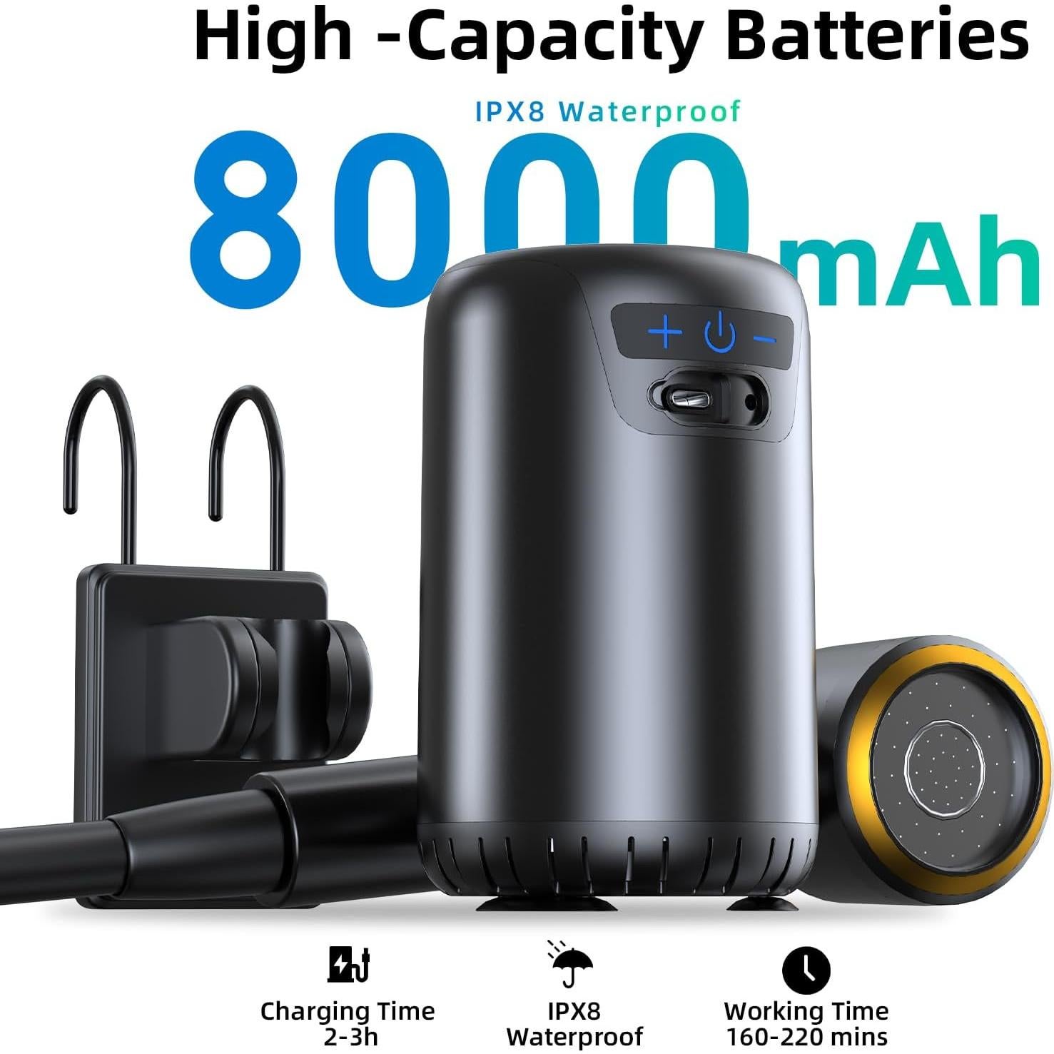 Portable Camping Shower, Upgraded Outdoor Shower with Fahrenheit Display & 8000mAh Rechargeable Battery Pump IPX8 Waterproof for Camp, Hiking, Car Washing