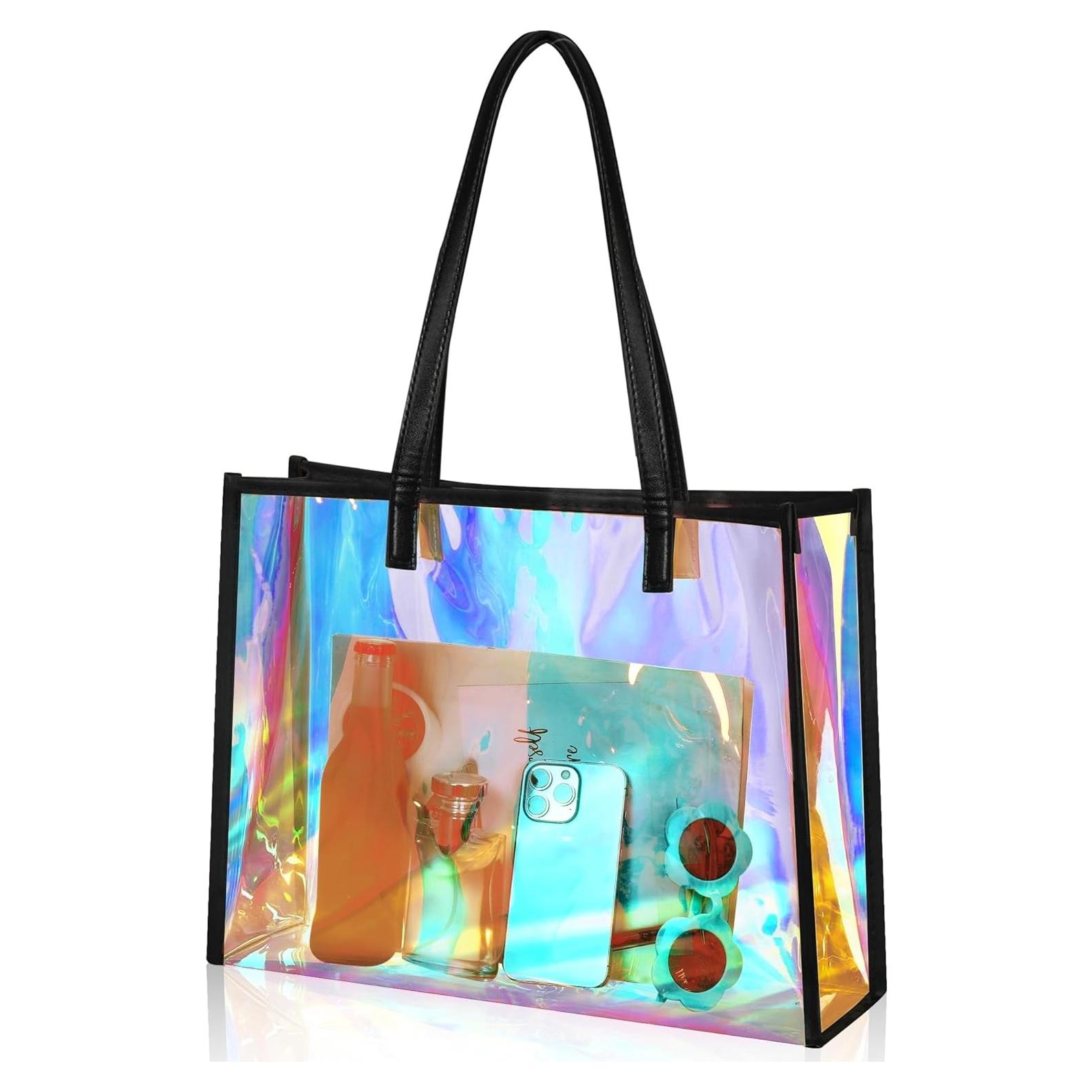 Bolsa Tote Transparente Holográfica Aliceset con Asa de Cuero