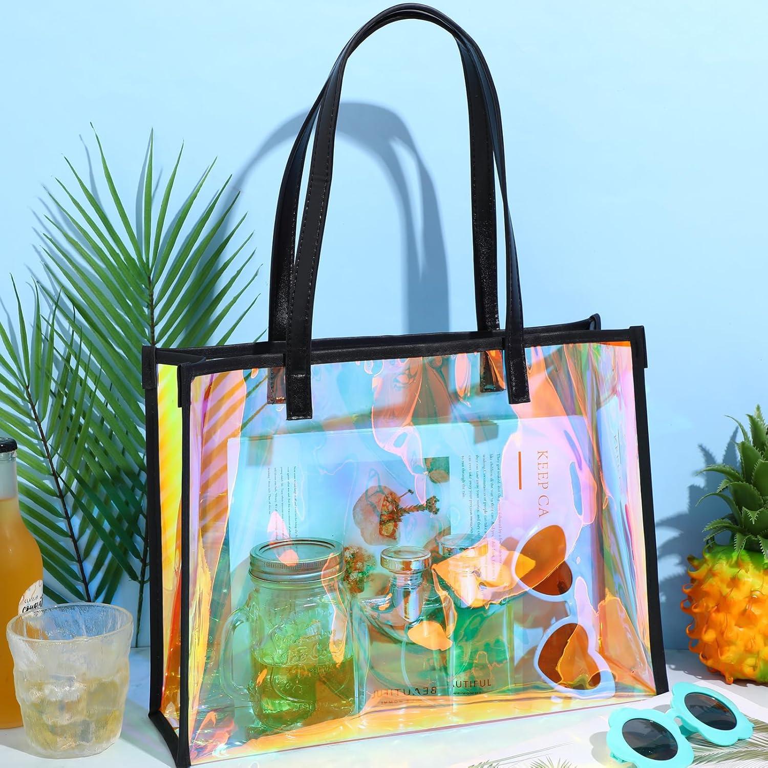 Bolsa Tote Transparente Holográfica Aliceset con Asa de Cuero
