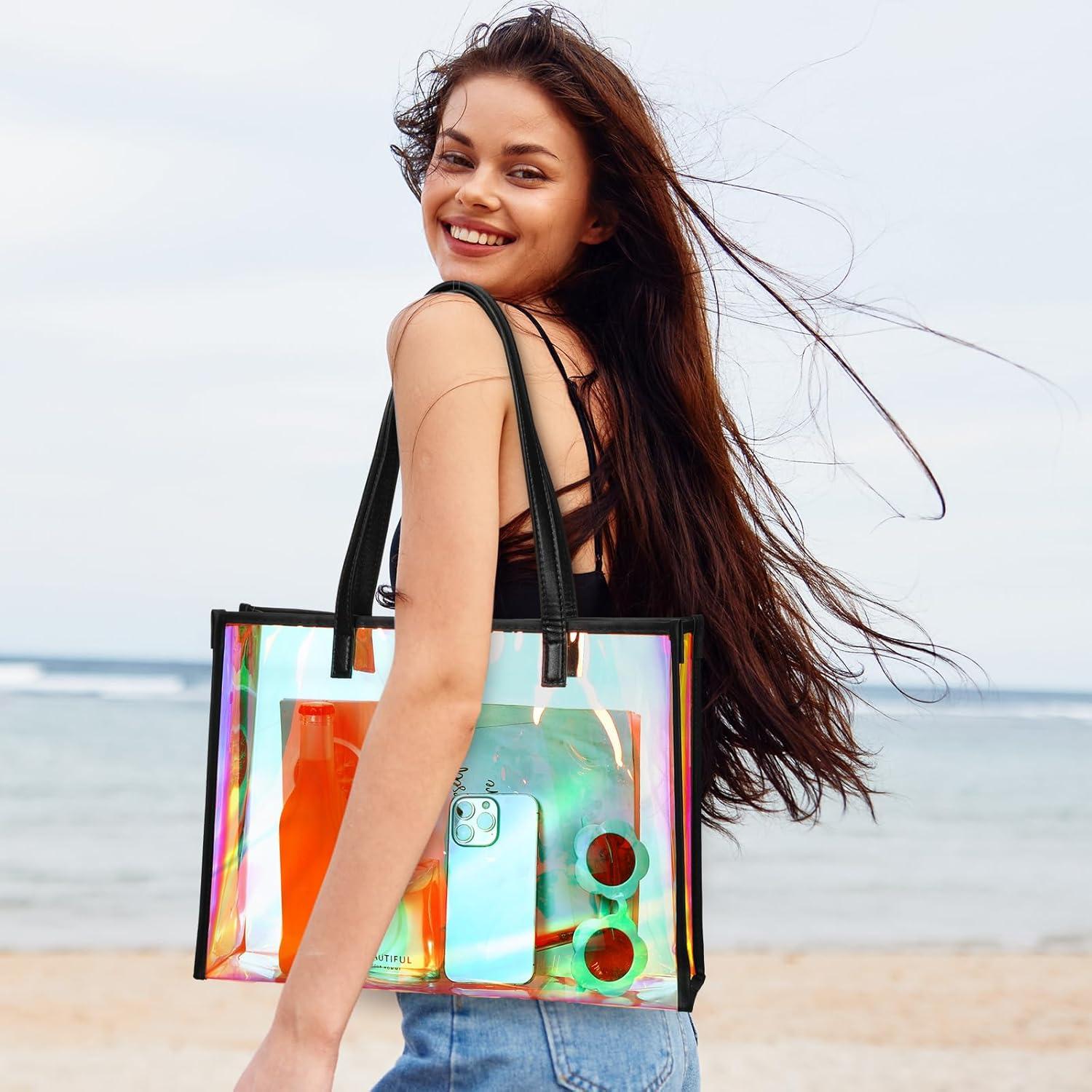 Bolsa Tote Transparente Holográfica Aliceset con Asa de Cuero