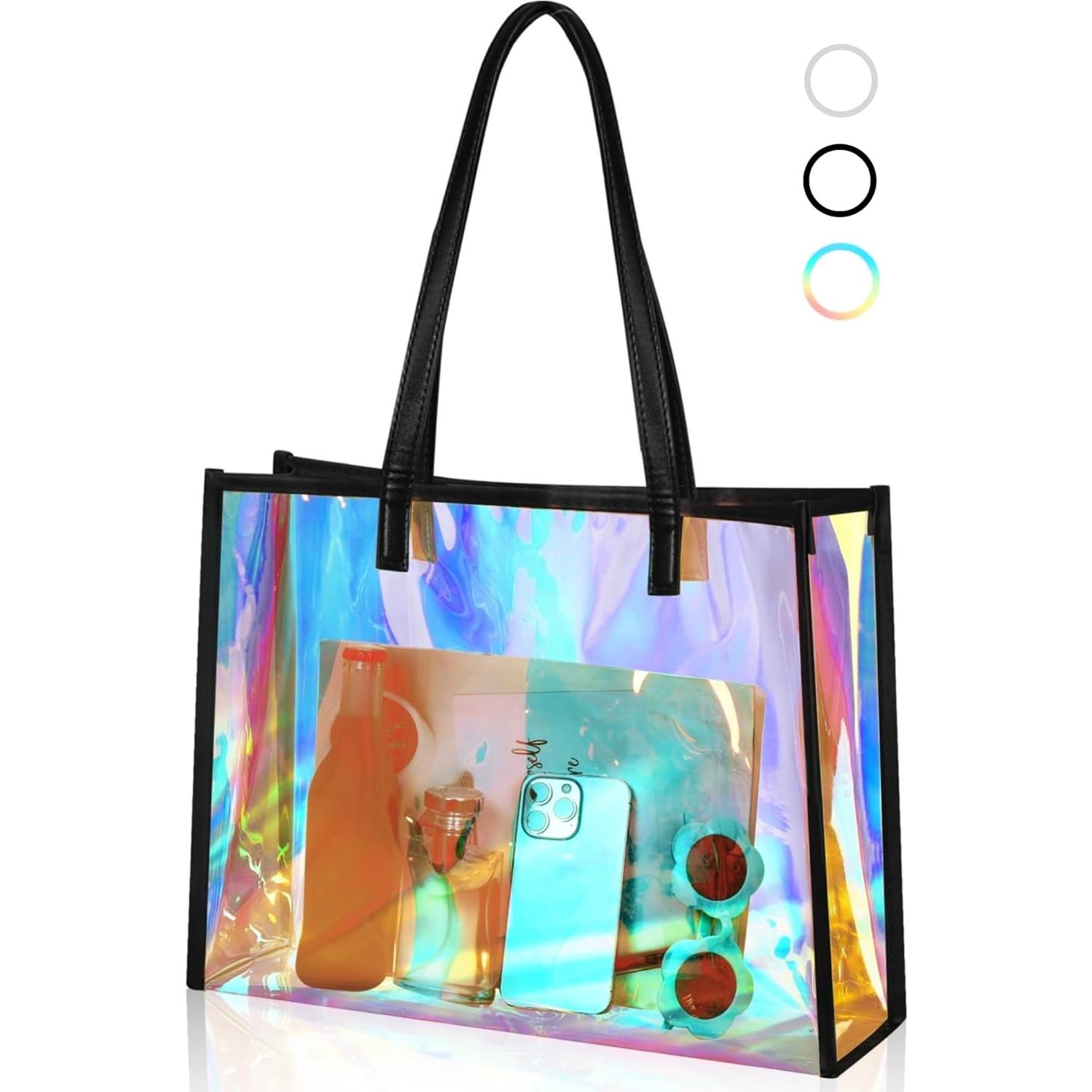 Bolsa Tote Transparente Holográfica Aliceset con Asa de Cuero