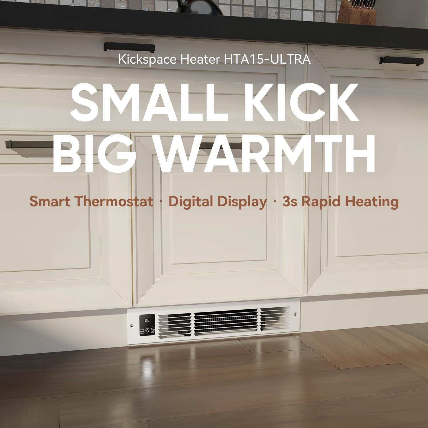 Electric Kickspace Heater with Built-In Thermostat and Timer, 1500W Plinth Heater HTA15-ULTRA for Cabinet Kickspaces, Vanities and Stairways, White