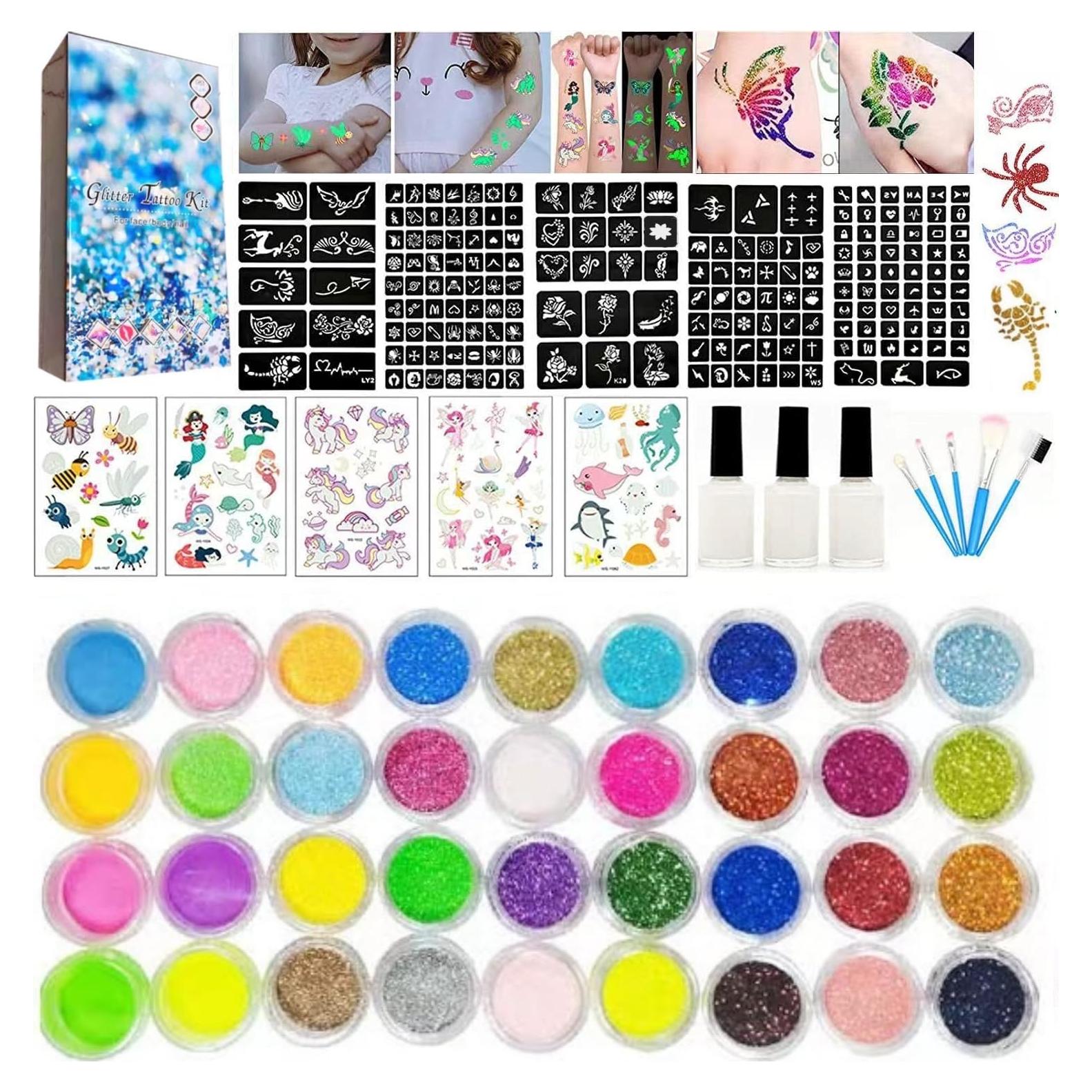 Kit de Tatuajes Temporales de Brillo Wxfhtda - 36 Colores y 187 Plantillas