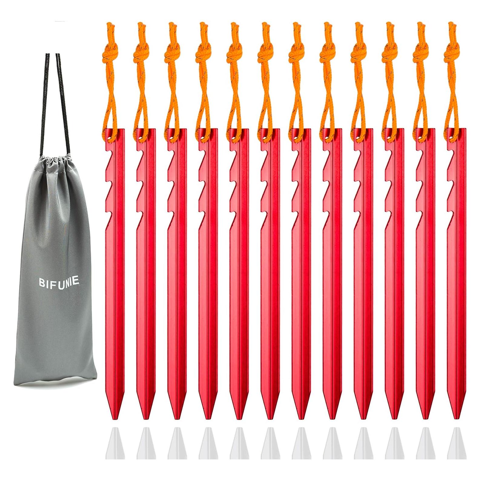 Aluminum Alloy Tent Stakes Pegs, 12-Pack Aluminum Ground Pegs with Reflective Pull Ropes, Lightweight Metal Stakes Pegs for Camping Tents Hammocks