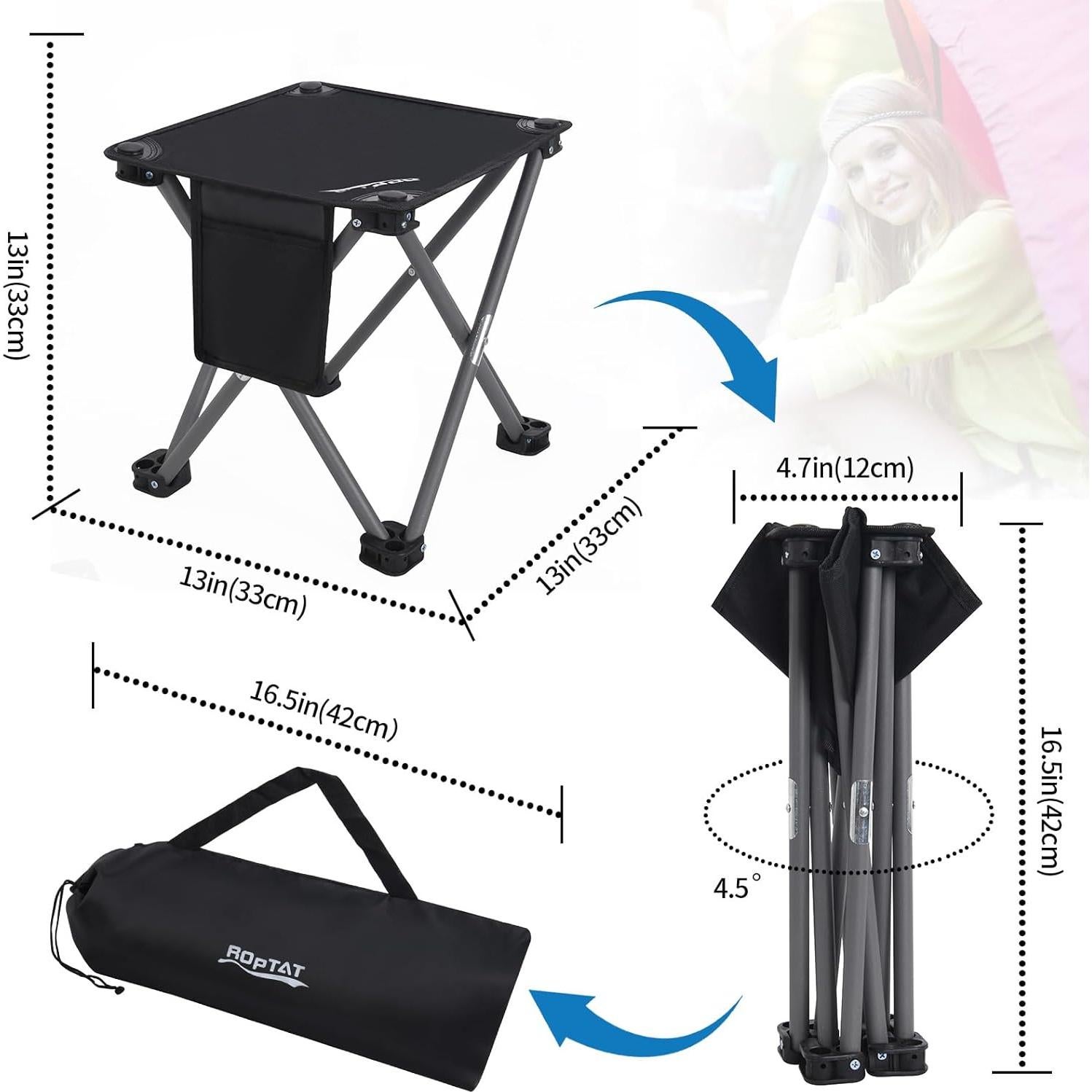 Taburete Plegable Roptat 33x33cm Negro para Camping y Playa