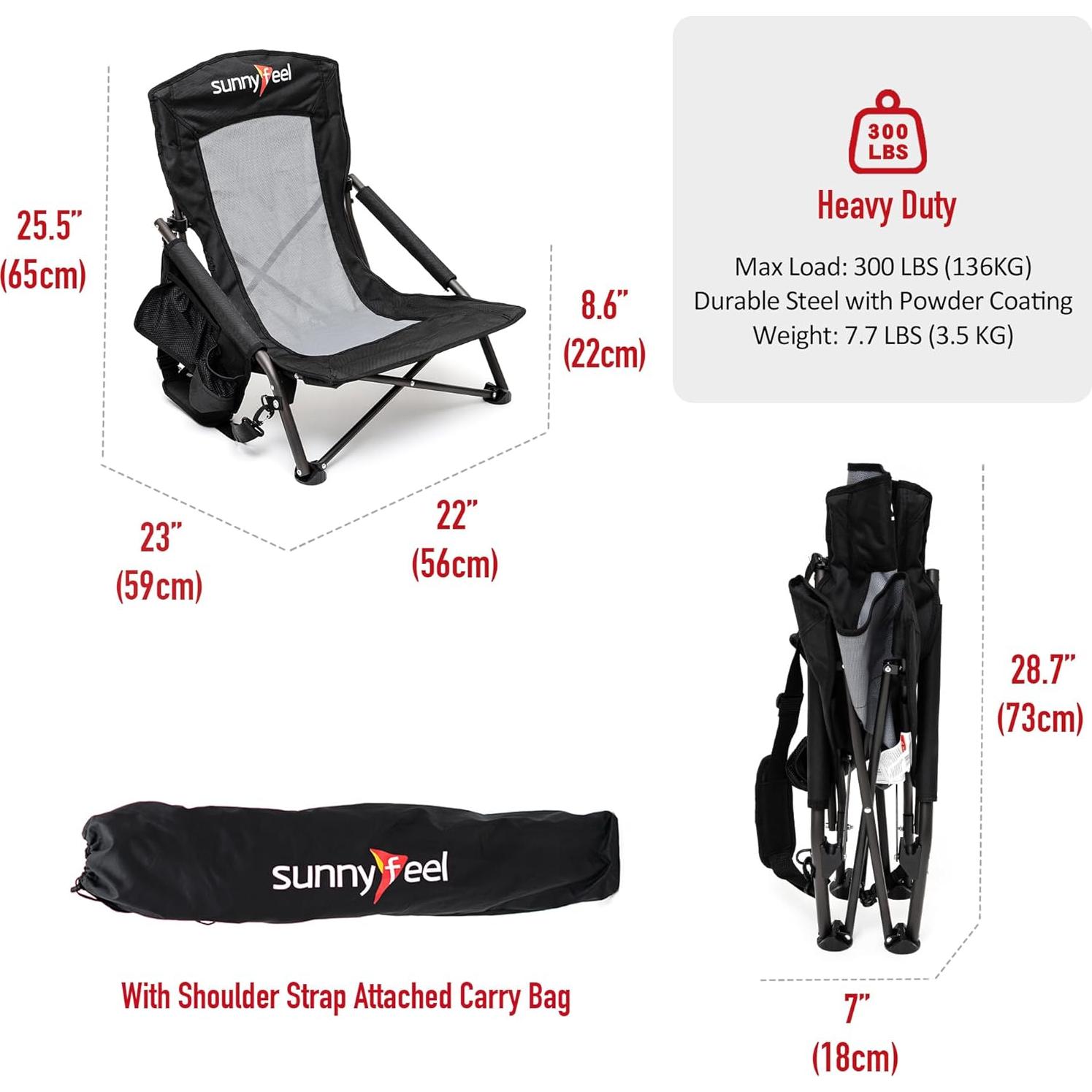 Silla de Playa Plegable SUNNYFEEL Negra para Adultos 136KG