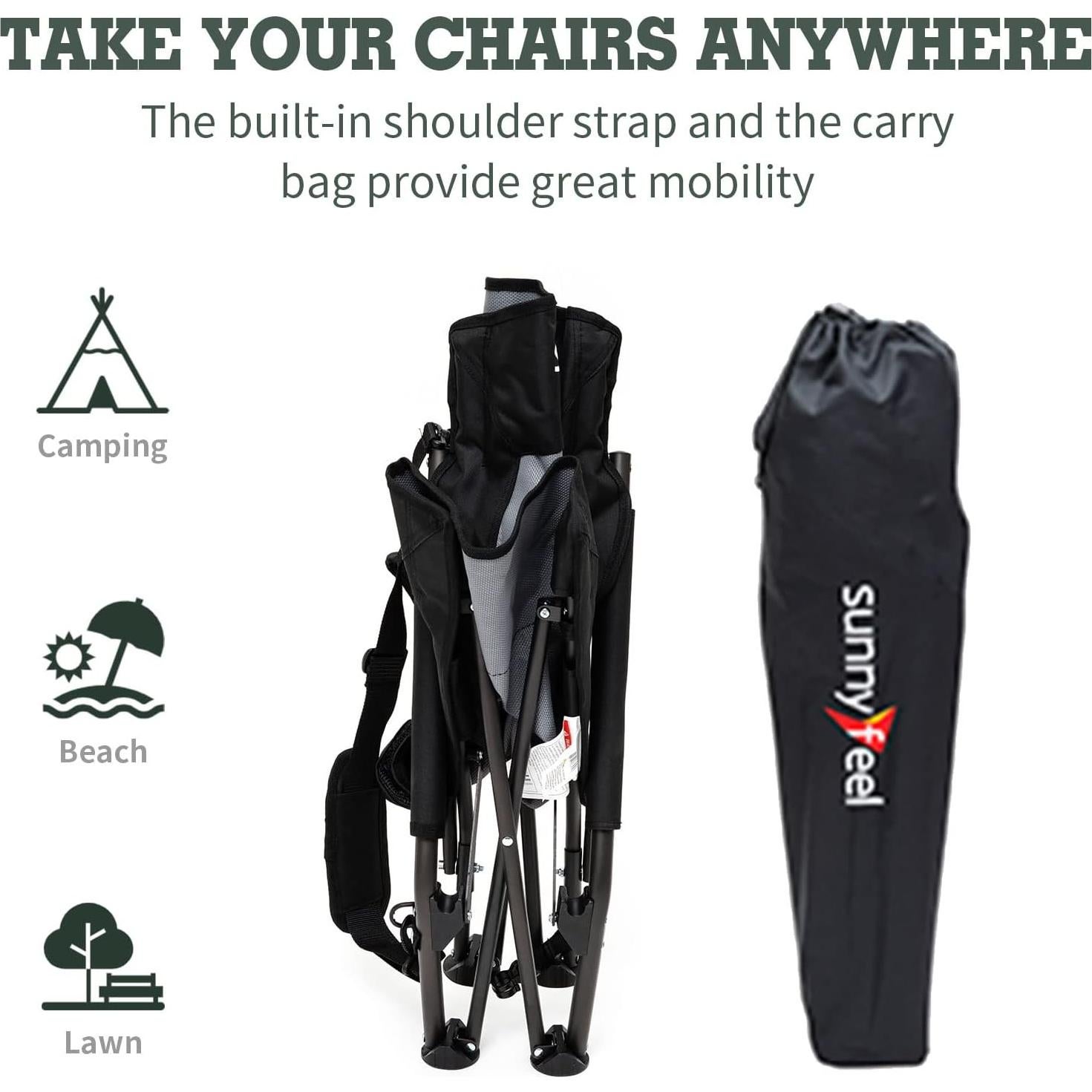 Silla de Playa Plegable SUNNYFEEL Negra para Adultos 136KG