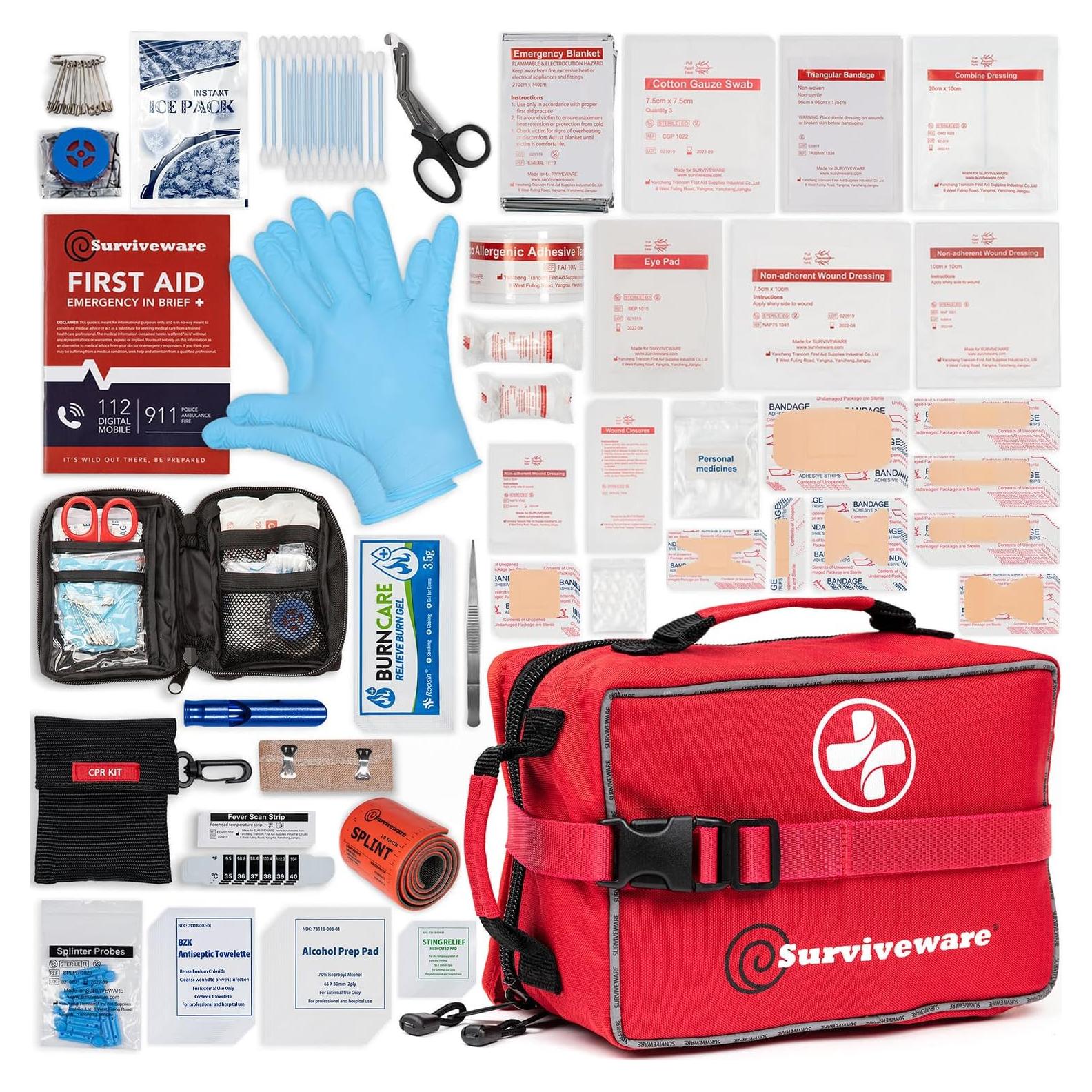 Surviveware 238 Pcs Comprehensive Premium Survival First Aid Kit - Medical Emergency Kit for Travel Camping Gear, Home Essentials & Outdoor Emergencies - HSA & FSA Eligible Survival Kit