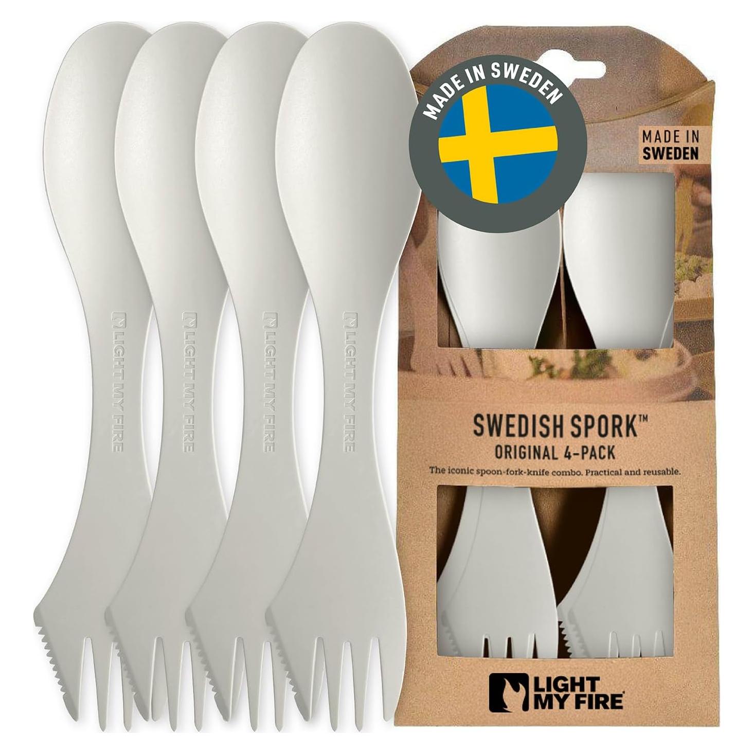 Light My Fire Spork Original 4-Pack 3-in-1 Camping Spoon Fork Knife Combo Reusable Travel & Camping Utensils Lunch Spork Outdoor Backpacking Hiking Picnic Utensil BPA Free, Cream