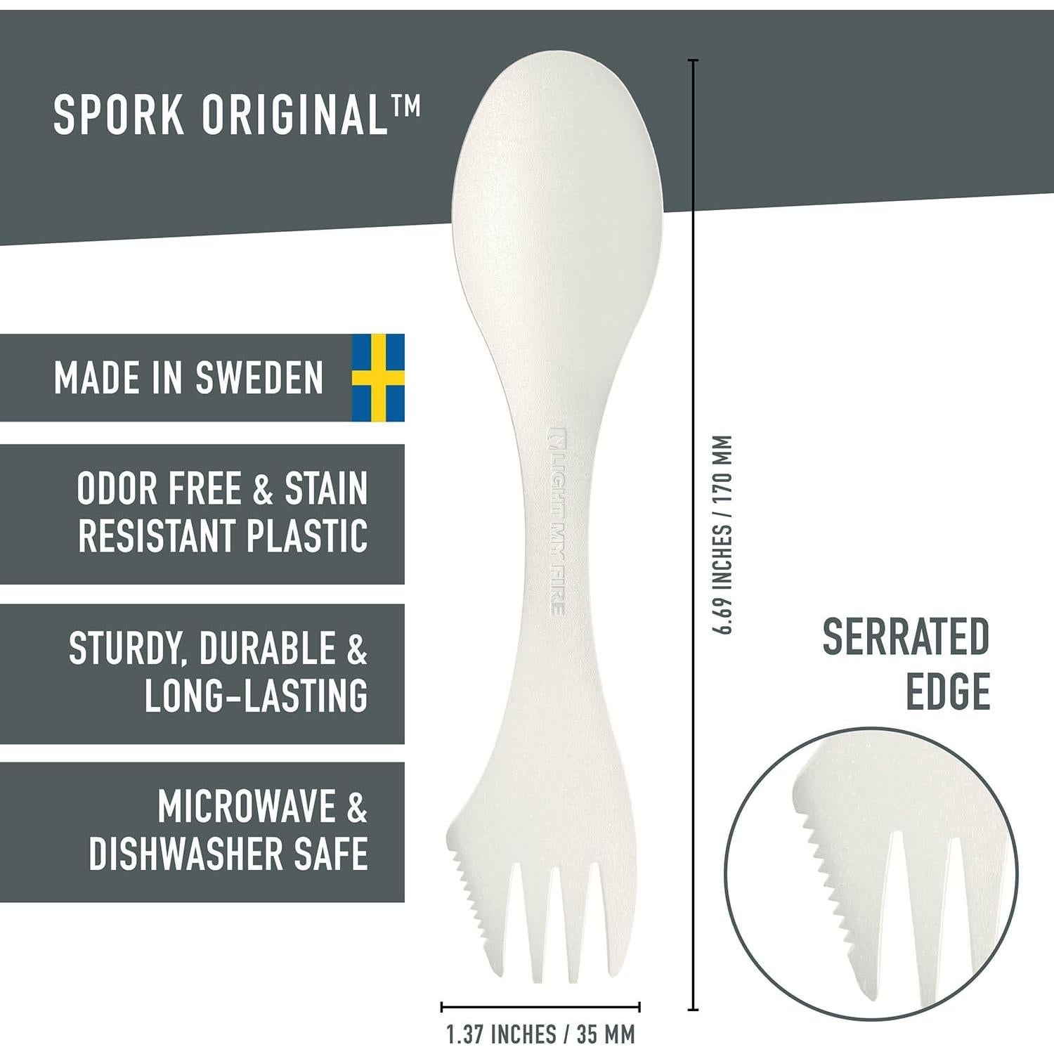 Light My Fire Spork Original 4-Pack 3-in-1 Camping Spoon Fork Knife Combo Reusable Travel & Camping Utensils Lunch Spork Outdoor Backpacking Hiking Picnic Utensil BPA Free, Cream