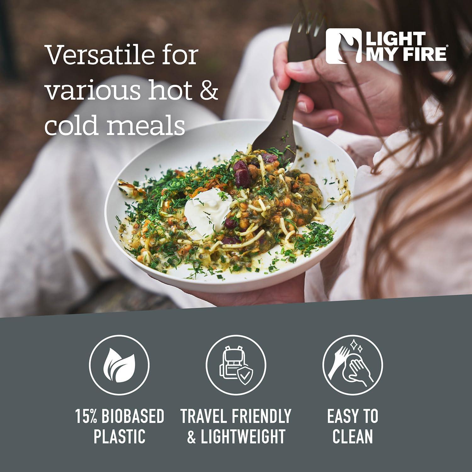 Light My Fire Spork Original 4-Pack 3-in-1 Camping Spoon Fork Knife Combo Reusable Travel & Camping Utensils Lunch Spork Outdoor Backpacking Hiking Picnic Utensil BPA Free, Cream