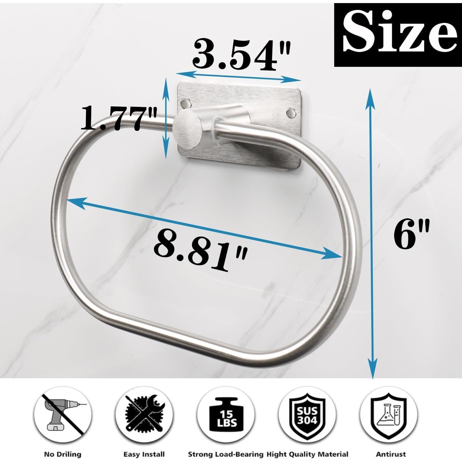 Oval Towel Ring, Strong Self Adhesive Hand Towel Holder, Thicken SUS304 Stainless Steel Stick Hand Towel Rack, No Drilling Wall Modern Hand Towel Hanger for Bathroom Kitchen(Brushed Nickel)
