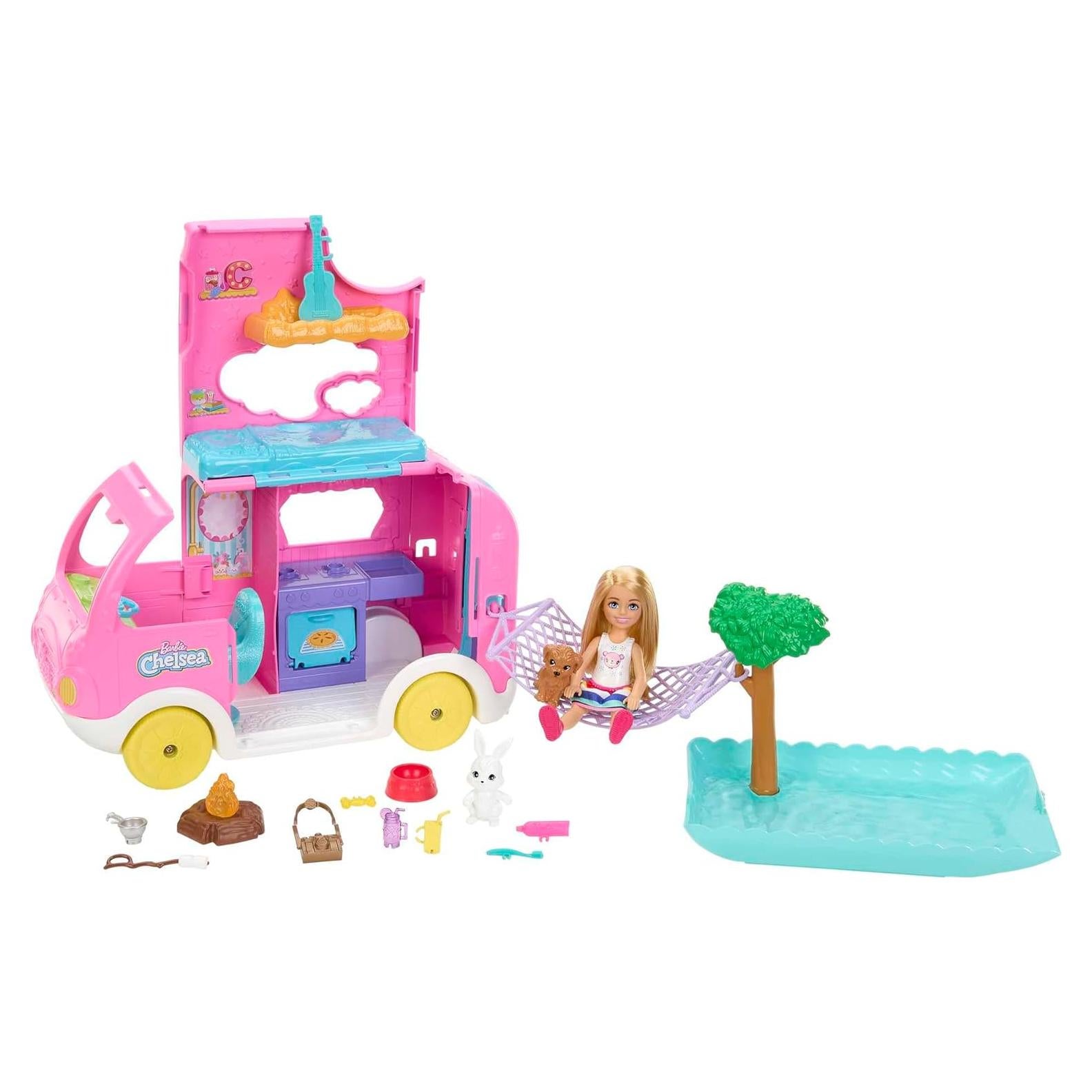 Barbie Camper Chelsea 2-en-1 con Muñeca y Accesorios