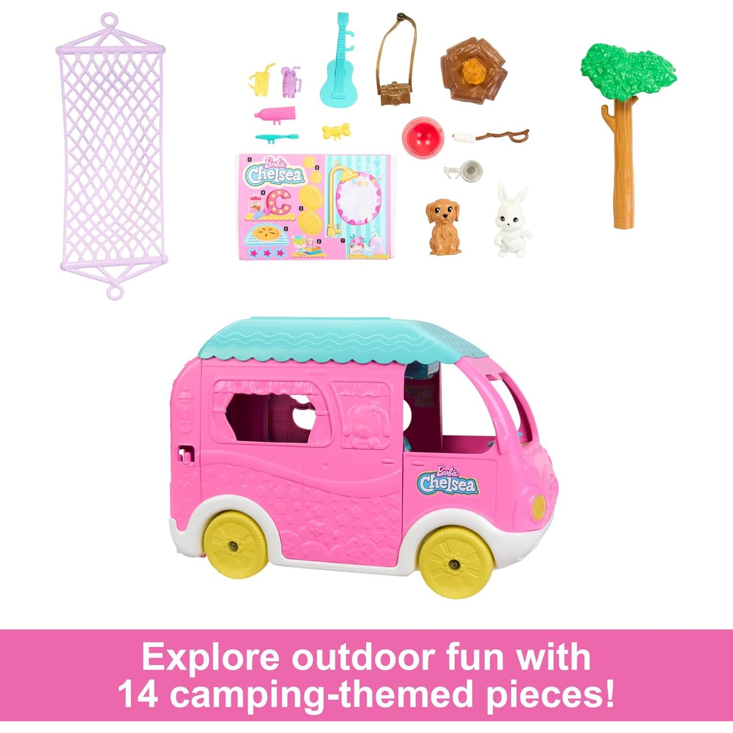Barbie Camper Chelsea 2-en-1 con Muñeca y Accesorios