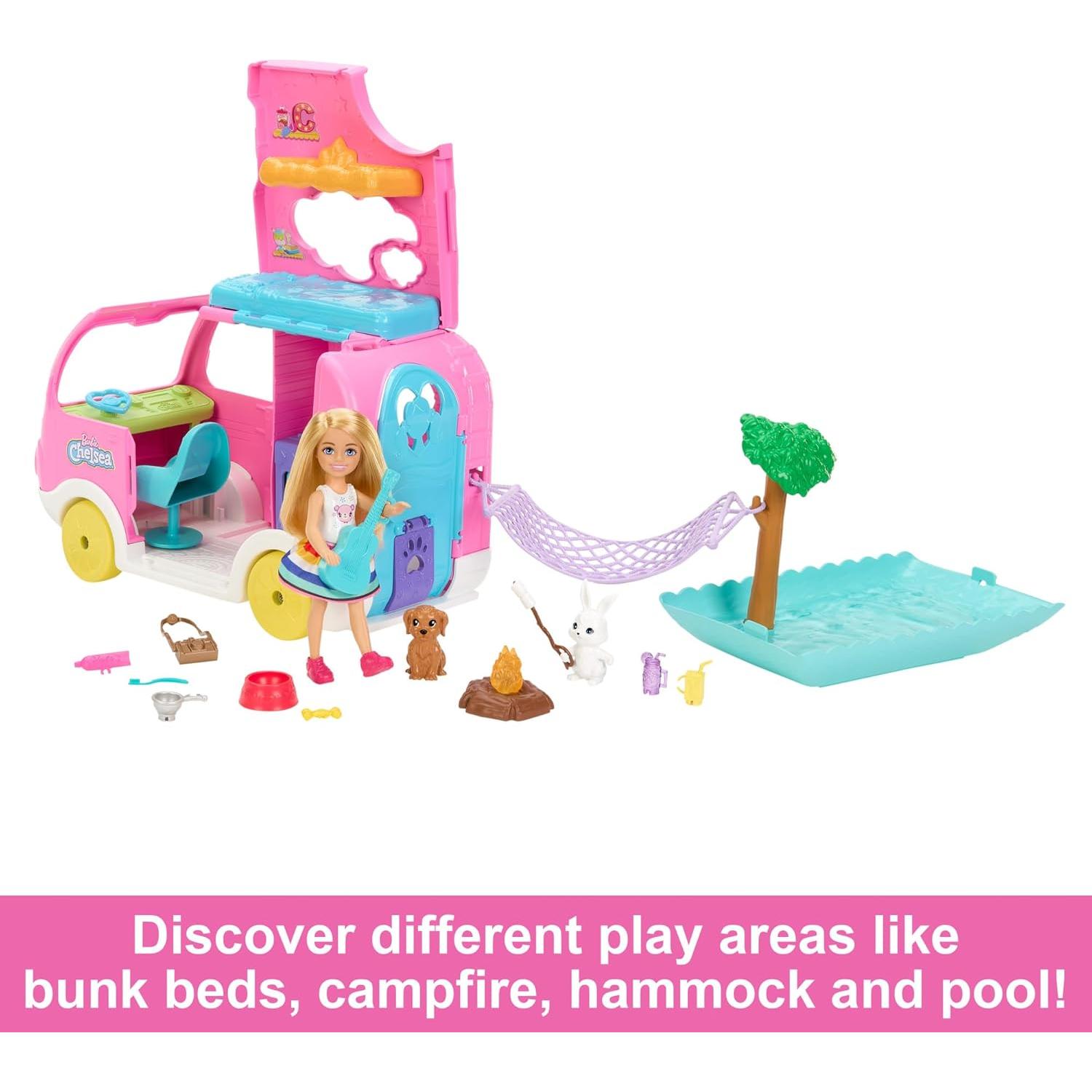 Barbie Camper Chelsea 2-en-1 con Muñeca y Accesorios
