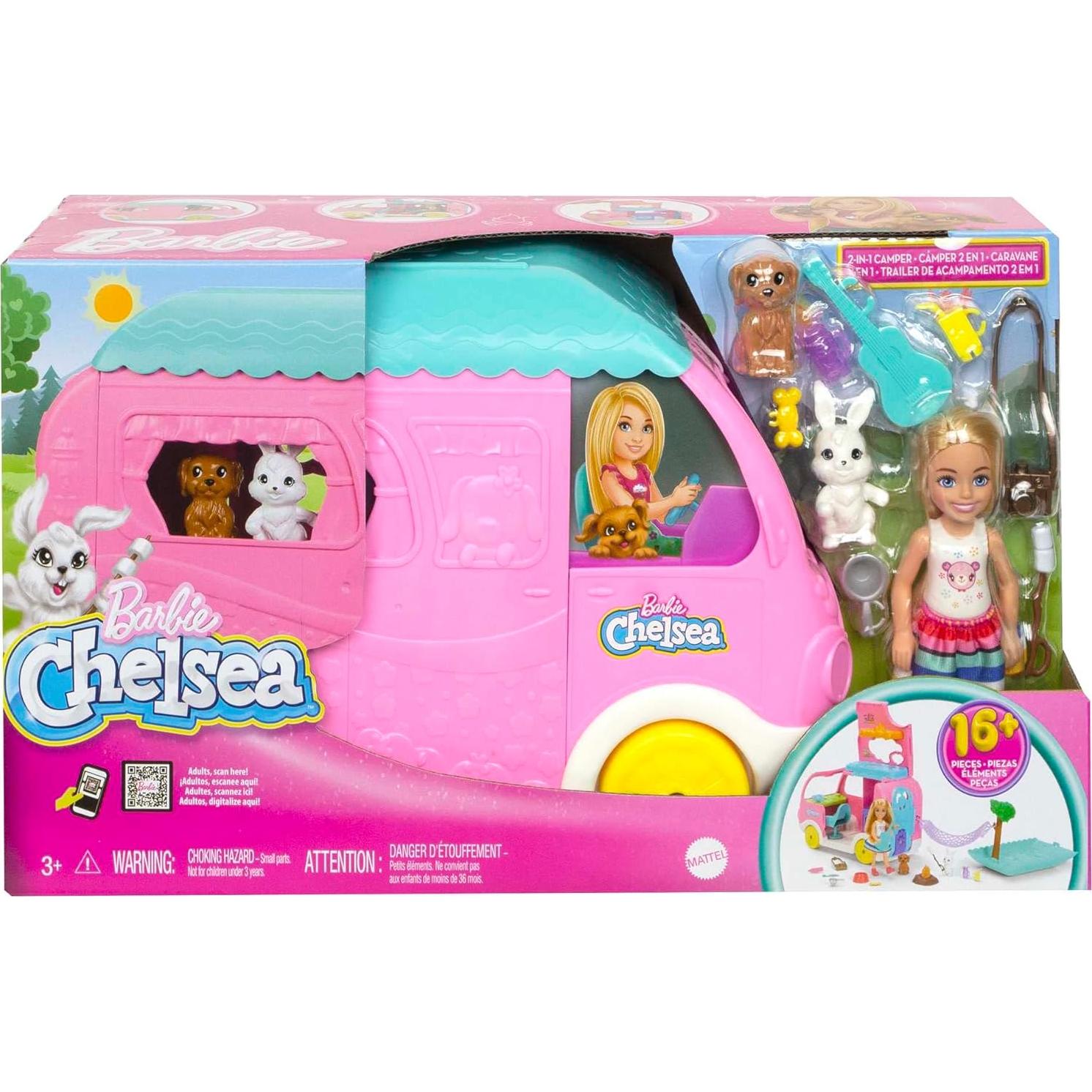 Barbie Camper Chelsea 2-en-1 con Muñeca y Accesorios