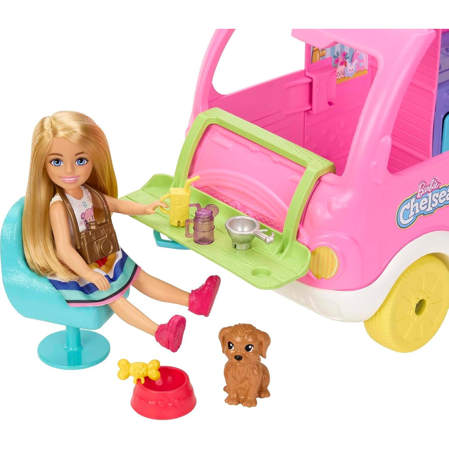 Barbie Camper Chelsea 2-en-1 con Muñeca y Accesorios