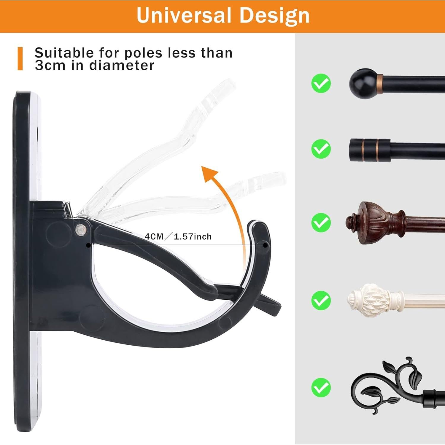 4 Clips Adhesivos para Varillas de Cortina SYJ - 40mm, Negro