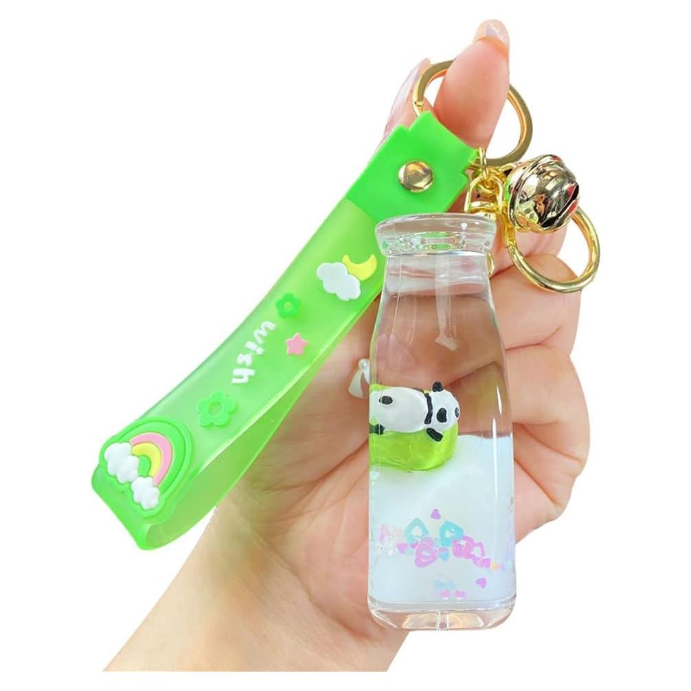 HSYHERE Girls Women Interesting Help Relax Floating Panda Baby Moving Sand Bottle Keychain Keyring Key Chain Key Ring