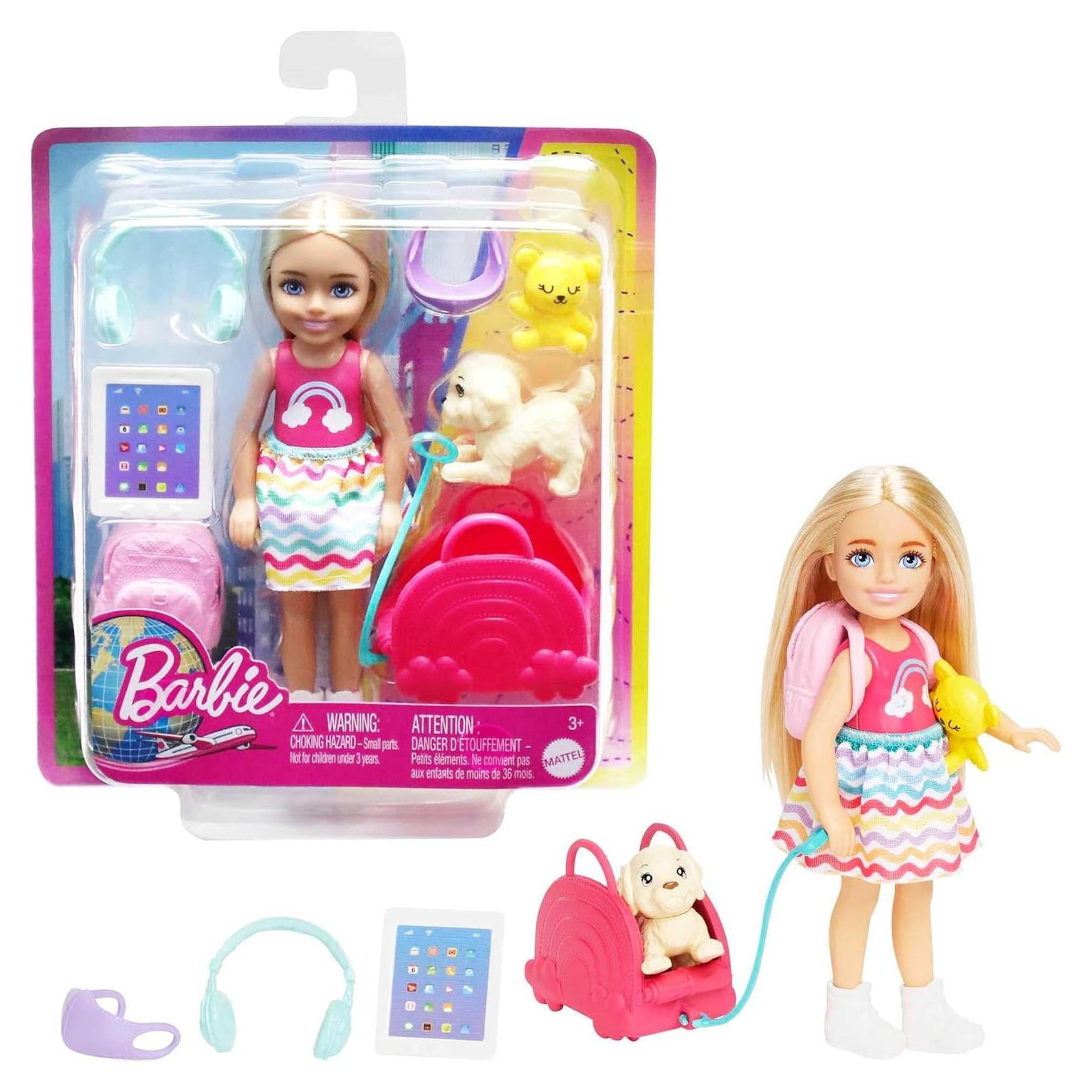 Muñeca Chelsea Barbie Set de Viaje con Cachorro y 6 Accesorios