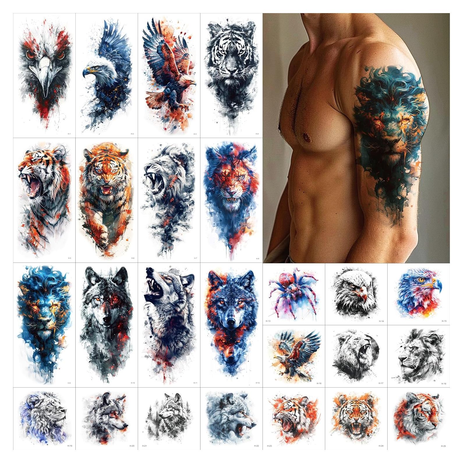 25 Hojas de Tatuajes Temporales Tough Beast - Animales Acuarelados