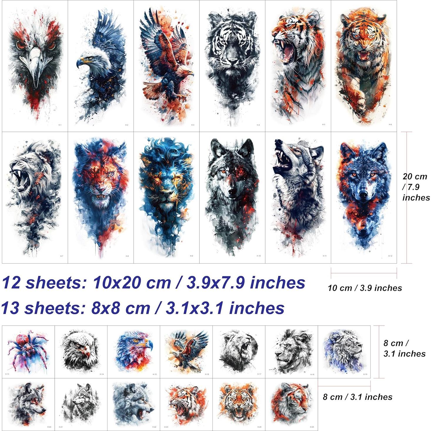 25 Hojas de Tatuajes Temporales Tough Beast - Animales Acuarelados