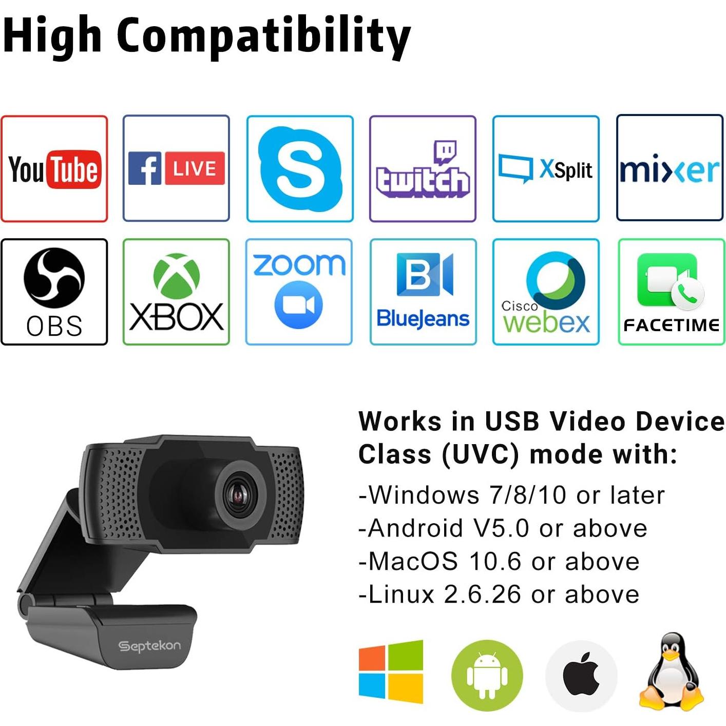 Cámara Web HD 1080P Septekon con Micrófono Integrado