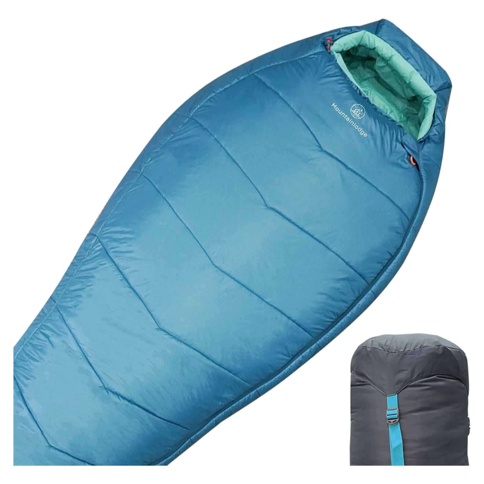 3-4 Seasons Cyan Two-Layer Shingle Sleeping Bag with Inner Pocket for Adult,Perfect for Backpacking,Traveling and Hiking,Including Free Compression Stuff Sack