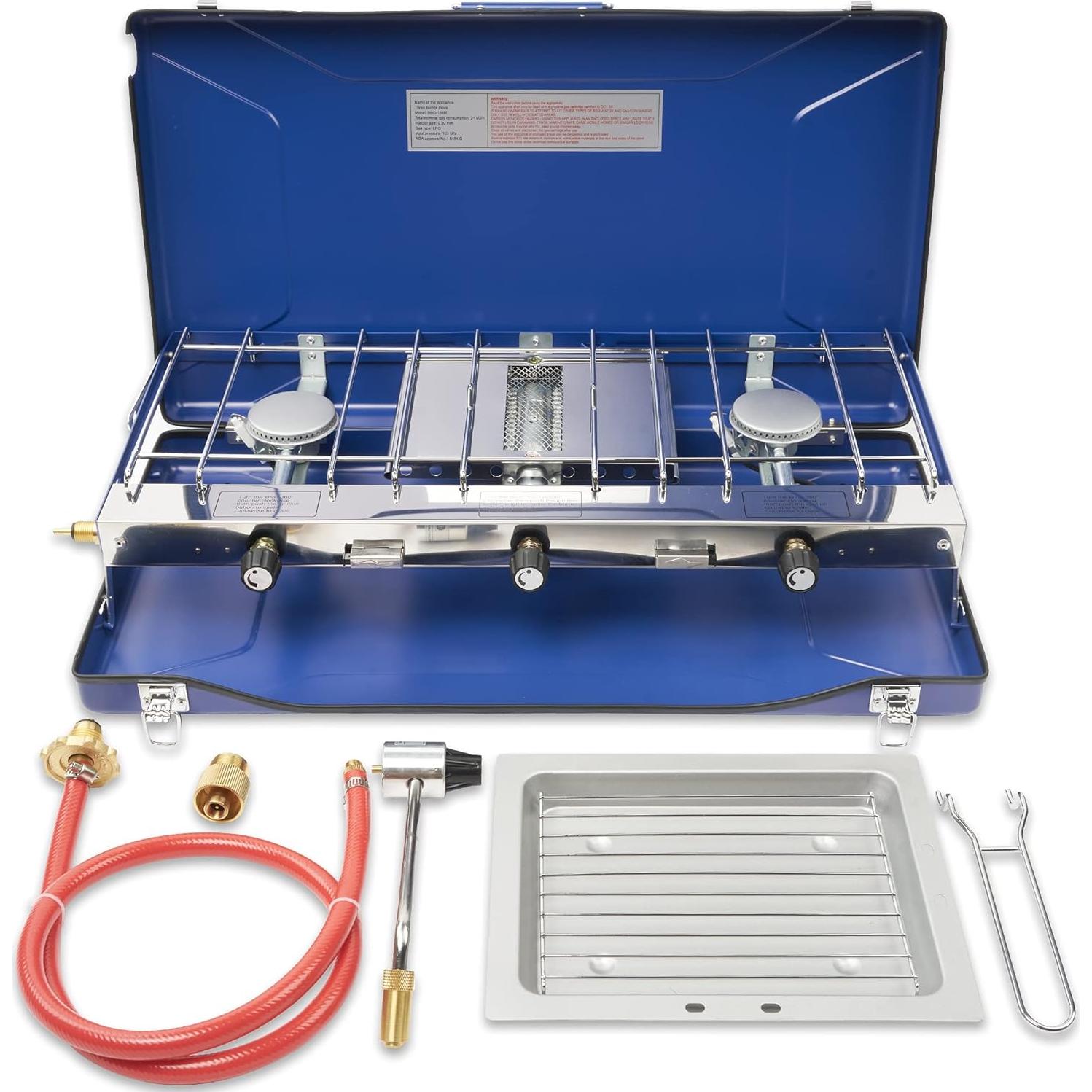 Estufa de Camping Portátil Cybring con 3 Quemadores y Tostadora