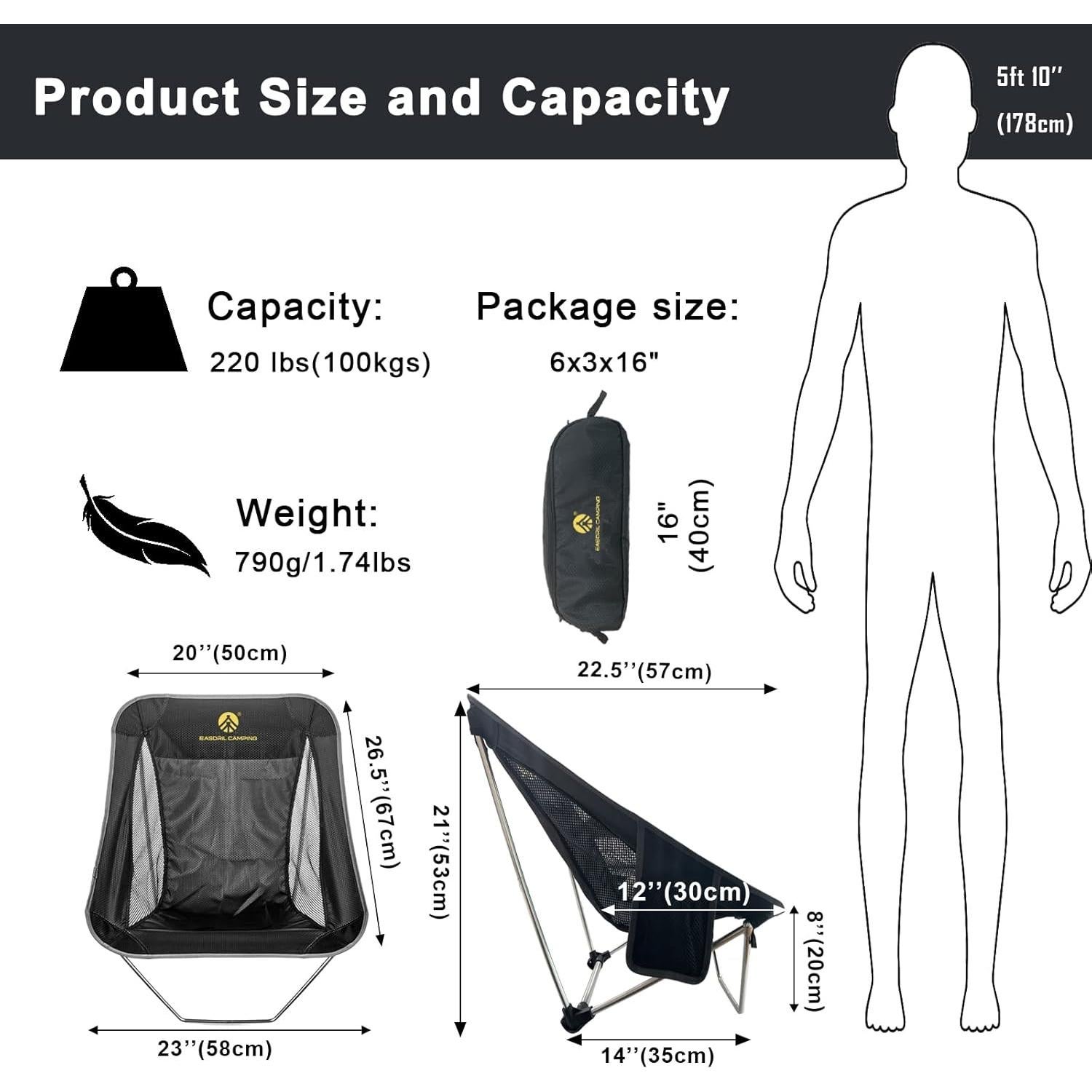 Silla de Camping Plegable EASDRIL Negra Ultraligera 0.79kg