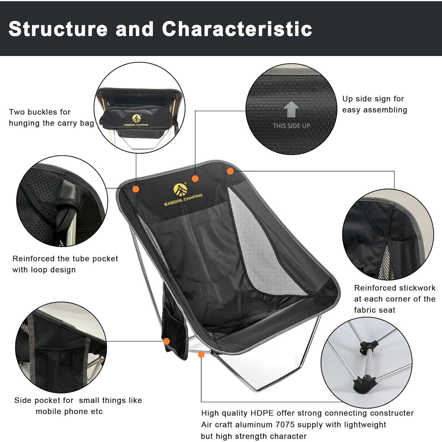 Silla de Camping Plegable EASDRIL Negra Ultraligera 0.79kg