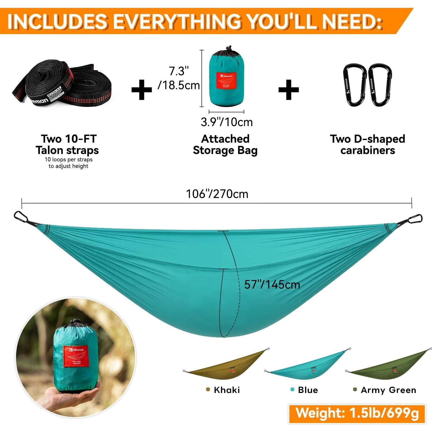 Hamaca de Camping HIKEMAN Ultraligera 200kg Nylon Azul