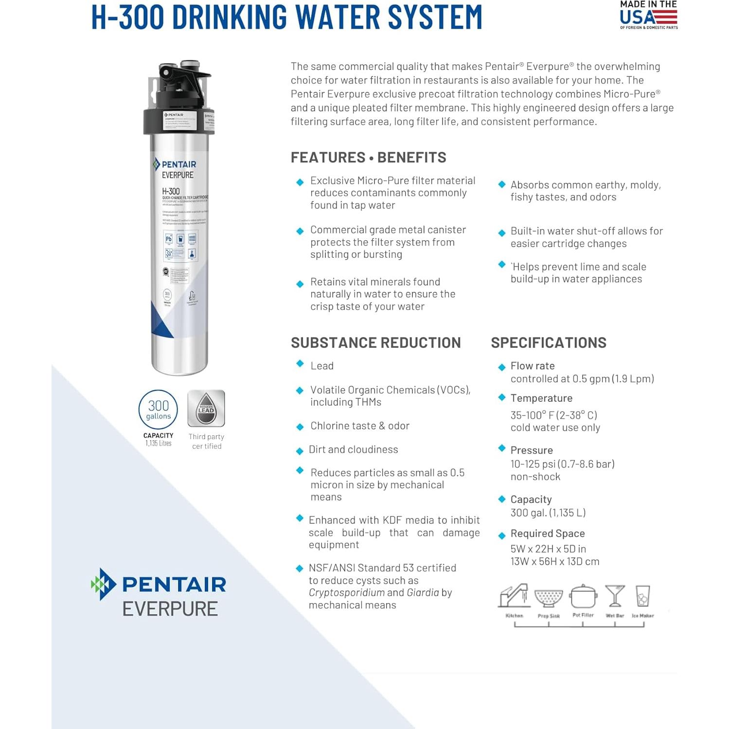 Sistema de Agua Potable Pentair Everpure H-300, Filtra 1135L