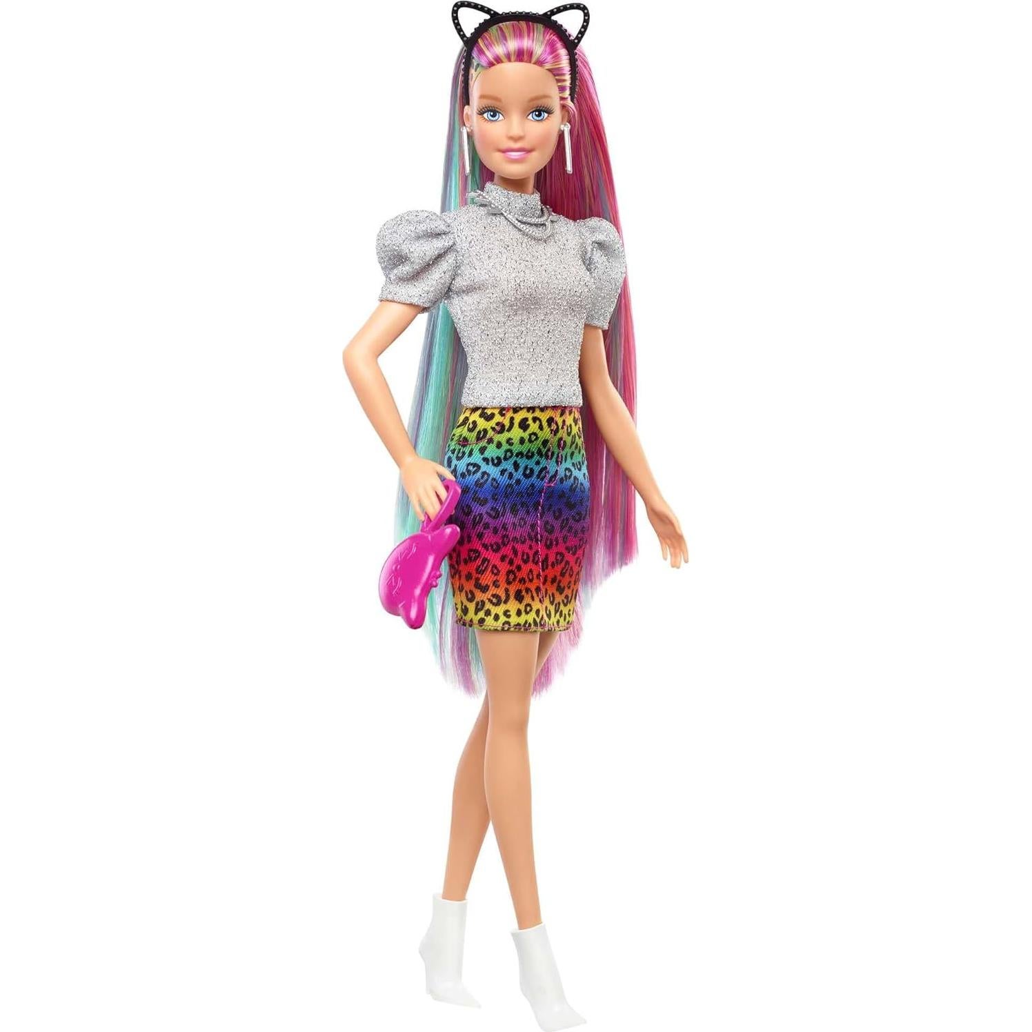 Muñeca Barbie Pelo Arcoíris Leopardo 30.4 cm con 16 Accesorios