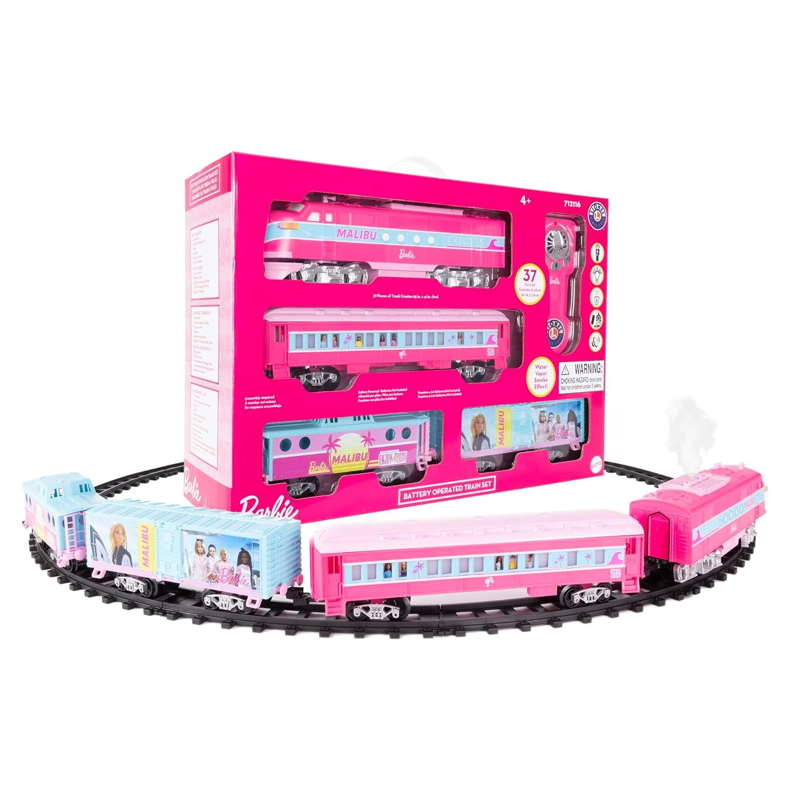 Mattel Barbie Battery O Gauge Toy Train Set with Remote, Locomotive, Train Cars, & Track with Authentic Train Sounds, Lights, & Water Vapor Smoke Effects for Kids 4+