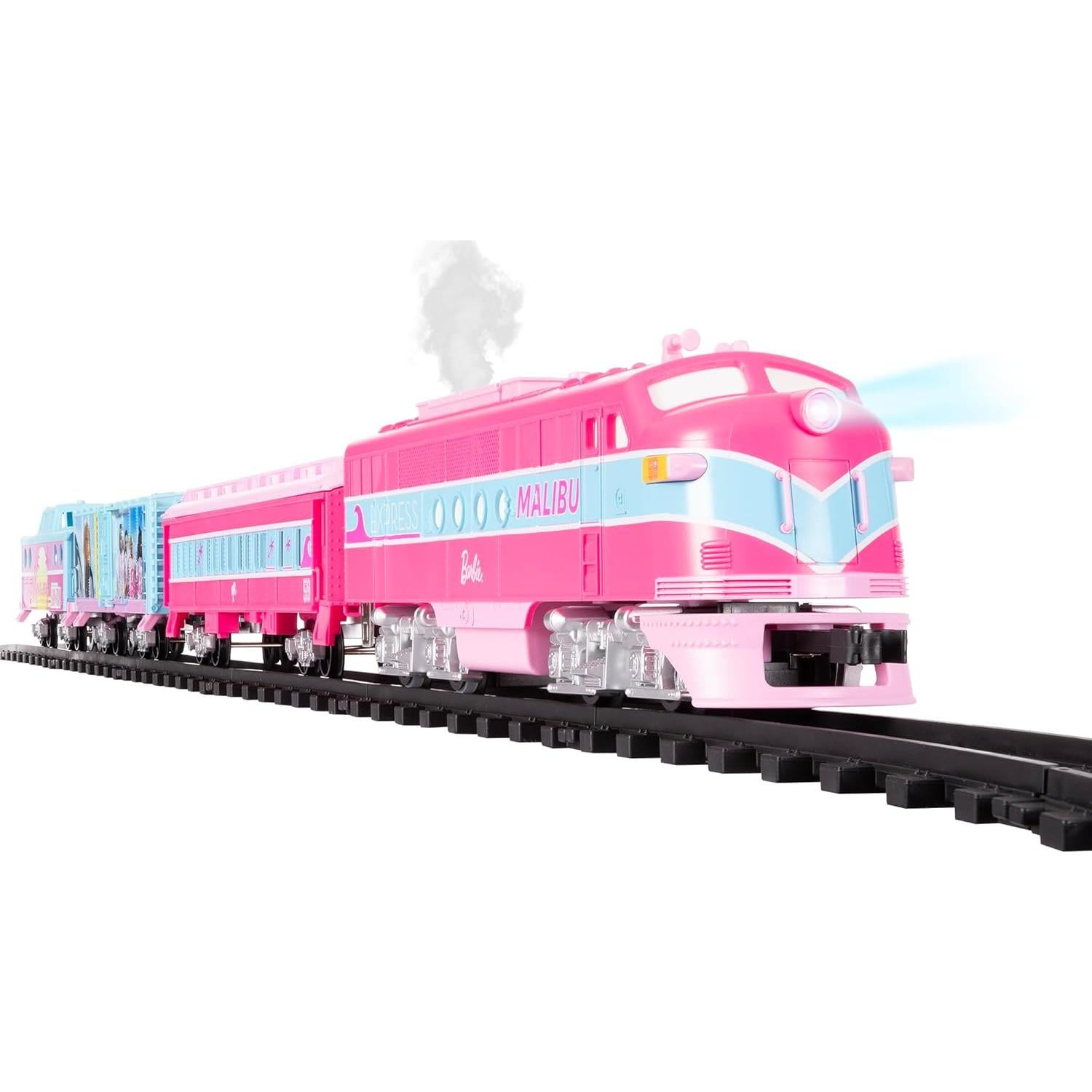 Mattel Barbie Battery O Gauge Toy Train Set with Remote, Locomotive, Train Cars, & Track with Authentic Train Sounds, Lights, & Water Vapor Smoke Effects for Kids 4+
