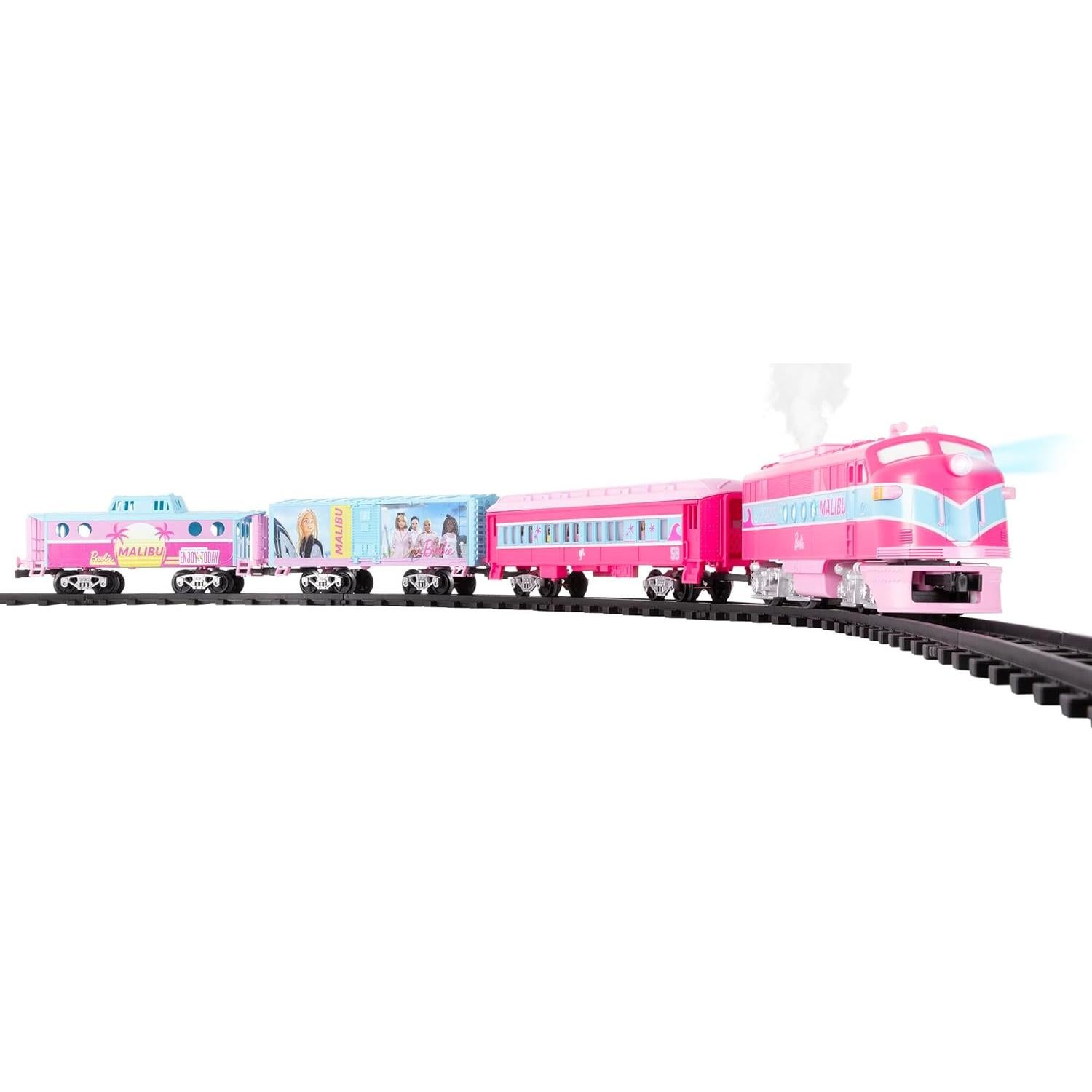 Mattel Barbie Battery O Gauge Toy Train Set with Remote, Locomotive, Train Cars, & Track with Authentic Train Sounds, Lights, & Water Vapor Smoke Effects for Kids 4+