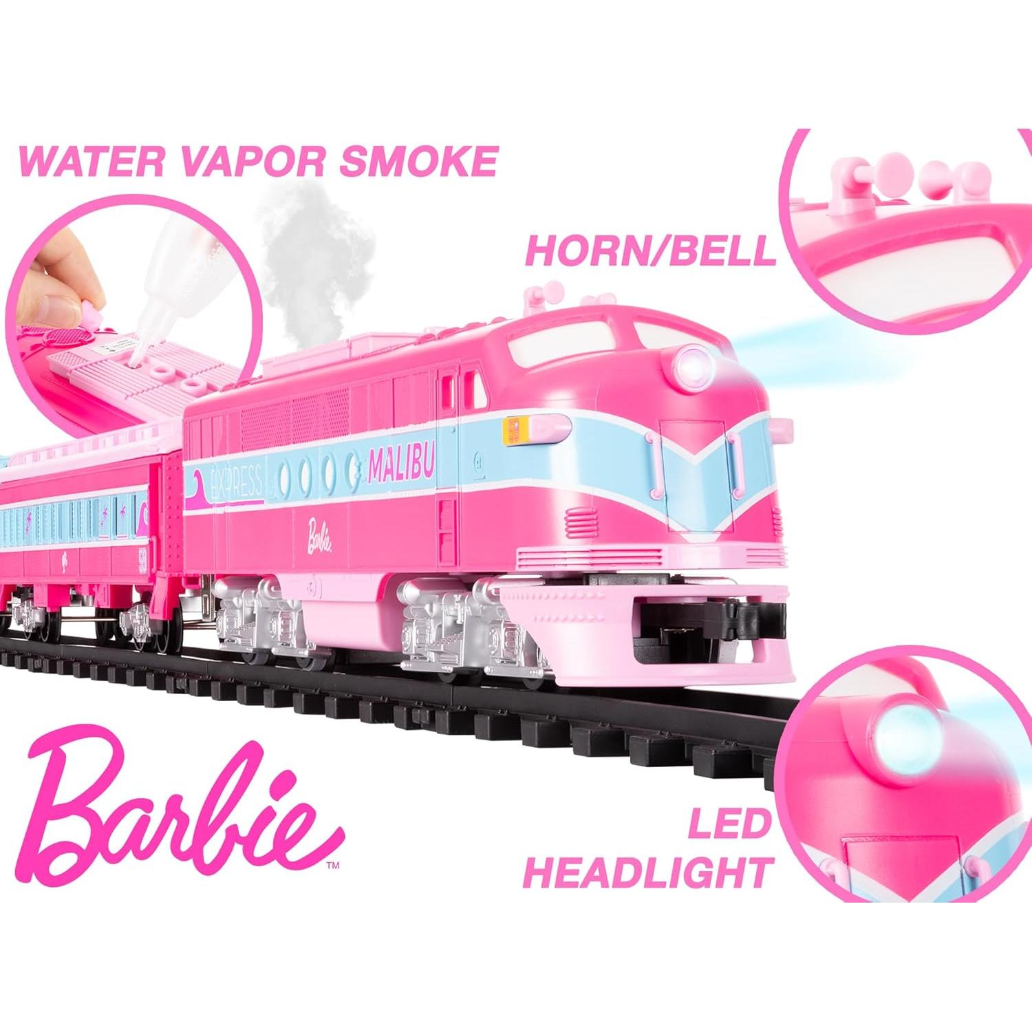 Mattel Barbie Battery O Gauge Toy Train Set with Remote, Locomotive, Train Cars, & Track with Authentic Train Sounds, Lights, & Water Vapor Smoke Effects for Kids 4+