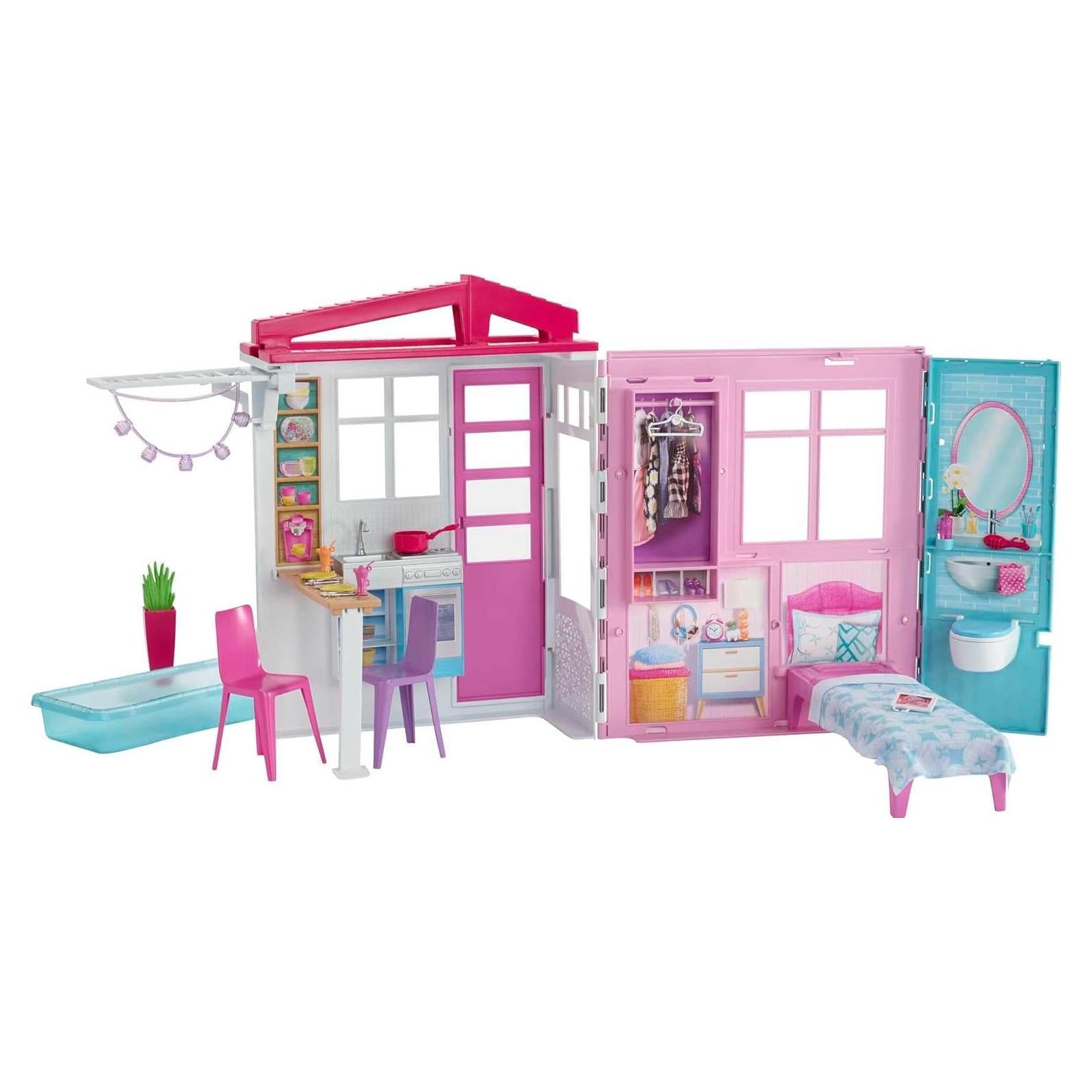 Doll House Playset with Toy Furniture & Accessories, Portable with Carrying Handle, 2 Feet Wide with Fold-Out Bed & Pool