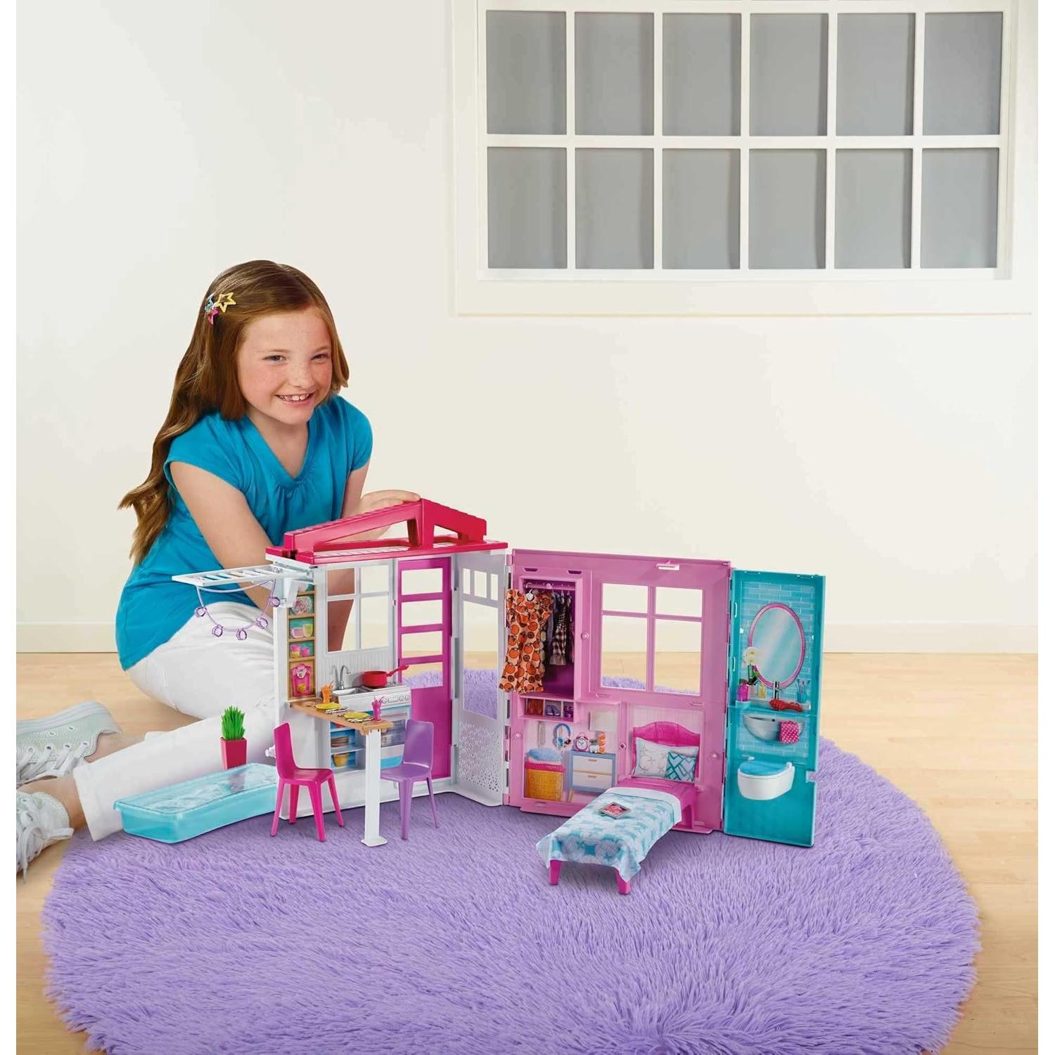 Doll House Playset with Toy Furniture & Accessories, Portable with Carrying Handle, 2 Feet Wide with Fold-Out Bed & Pool