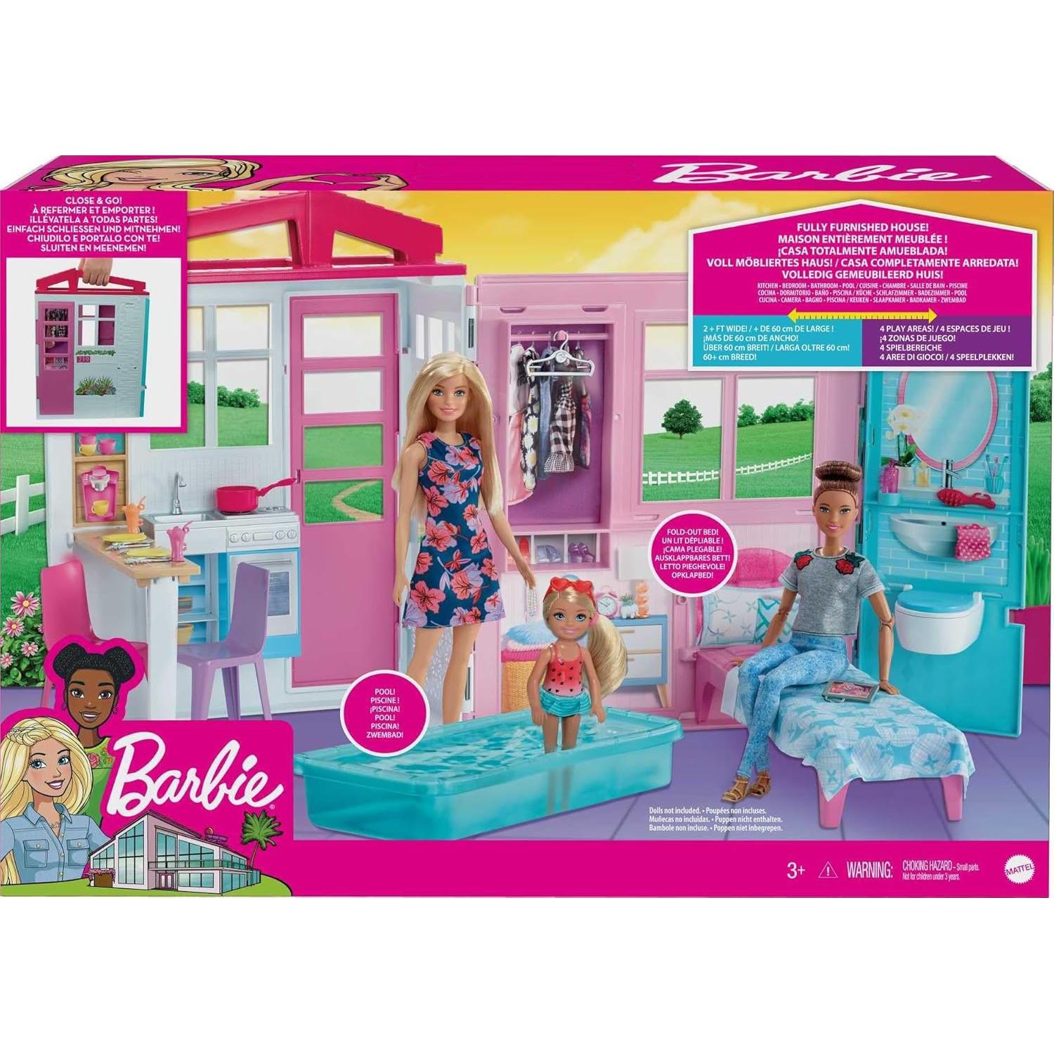 Doll House Playset with Toy Furniture & Accessories, Portable with Carrying Handle, 2 Feet Wide with Fold-Out Bed & Pool