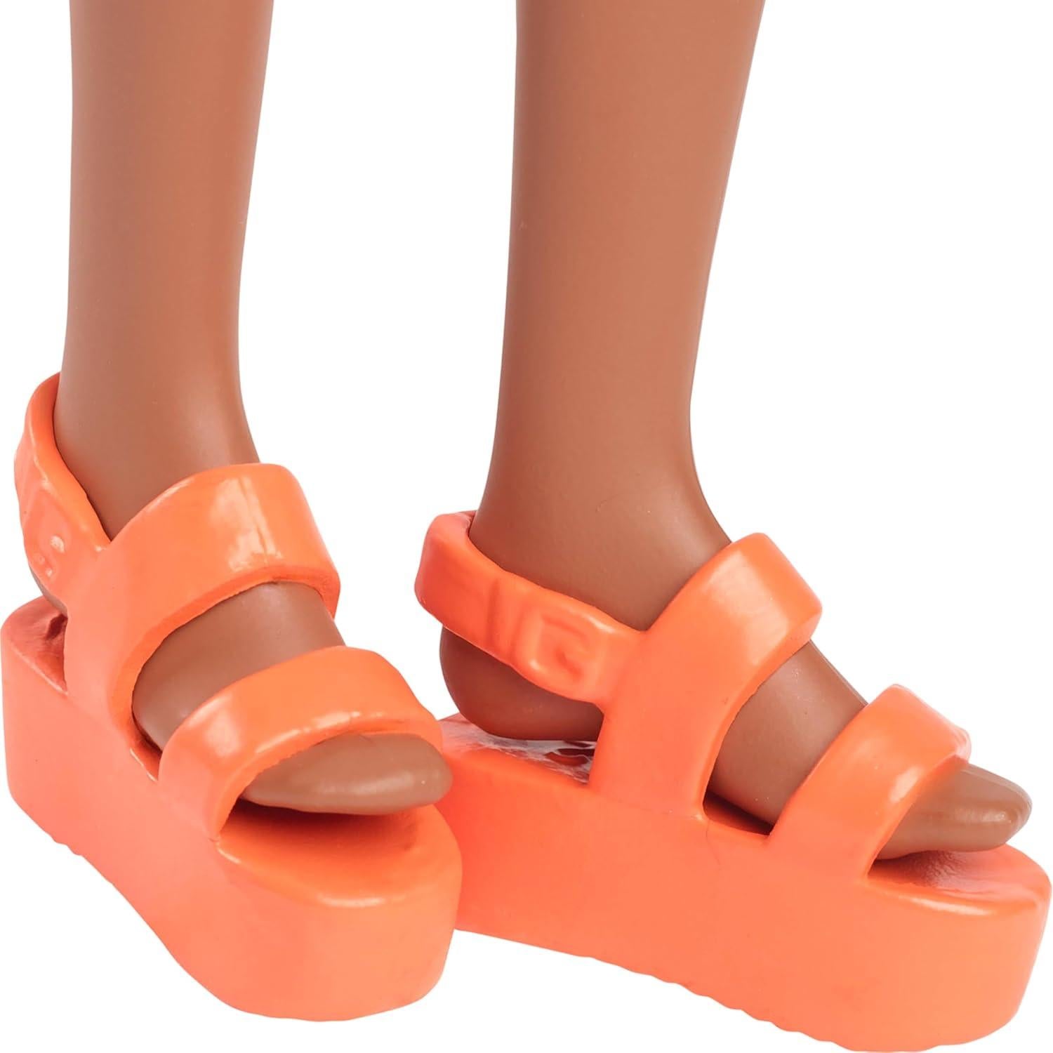 Muñeca Barbie Fashionistas #233 con vestido midi naranja y flores