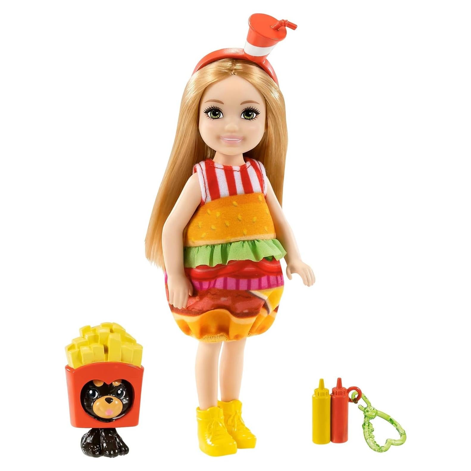 Muñeca Barbie Chelsea disfraz hamburguesa con mascota 15 cm