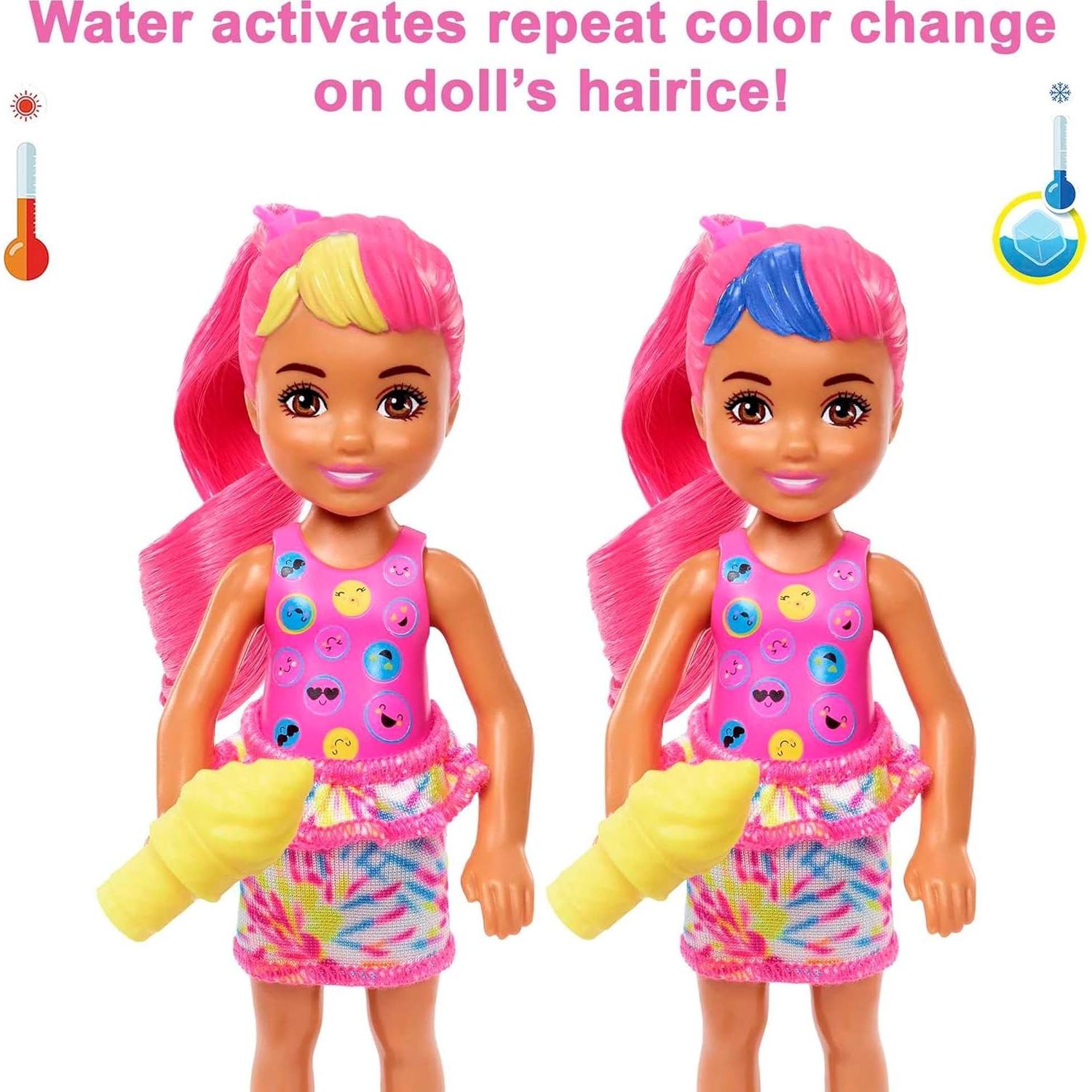 Muñeca Barbie Chelsea Color Reveal Neon Tie-Dye con 6 sorpresas