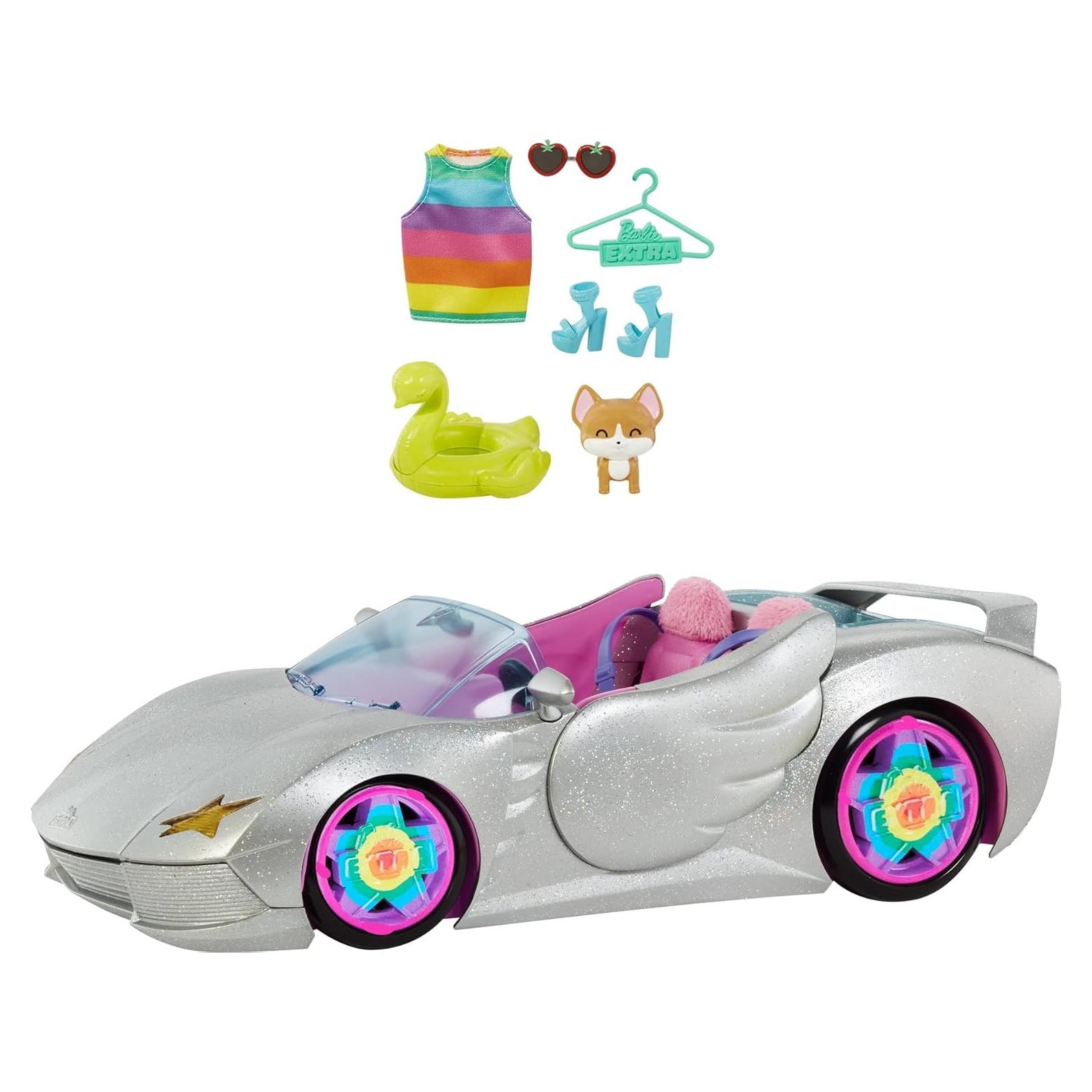 Extra Toy Car with Fashion Accessories & Puppy, Sparkly Silver 2-Seater Convertible with Hood Storage & Pet Pool, Sized for Fashion Dolls