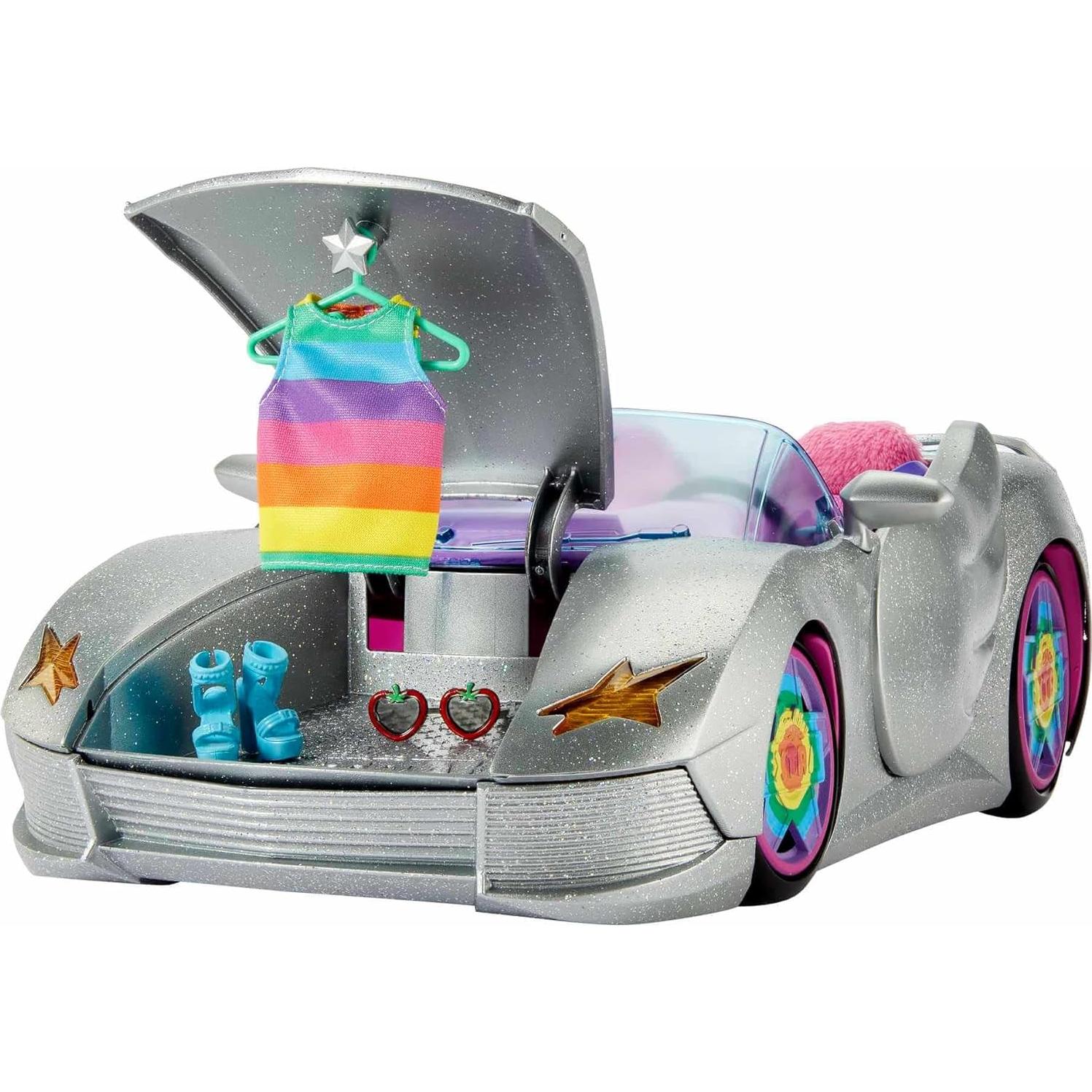 Extra Toy Car with Fashion Accessories & Puppy, Sparkly Silver 2-Seater Convertible with Hood Storage & Pet Pool, Sized for Fashion Dolls