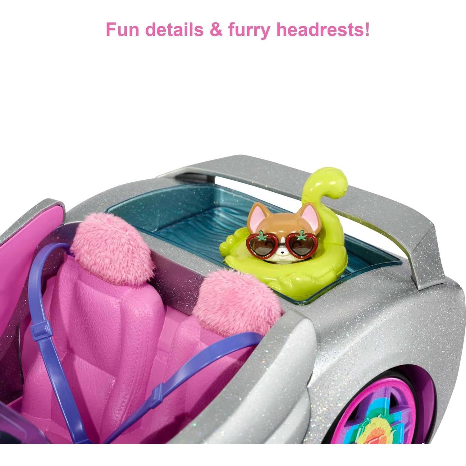 Extra Toy Car with Fashion Accessories & Puppy, Sparkly Silver 2-Seater Convertible with Hood Storage & Pet Pool, Sized for Fashion Dolls